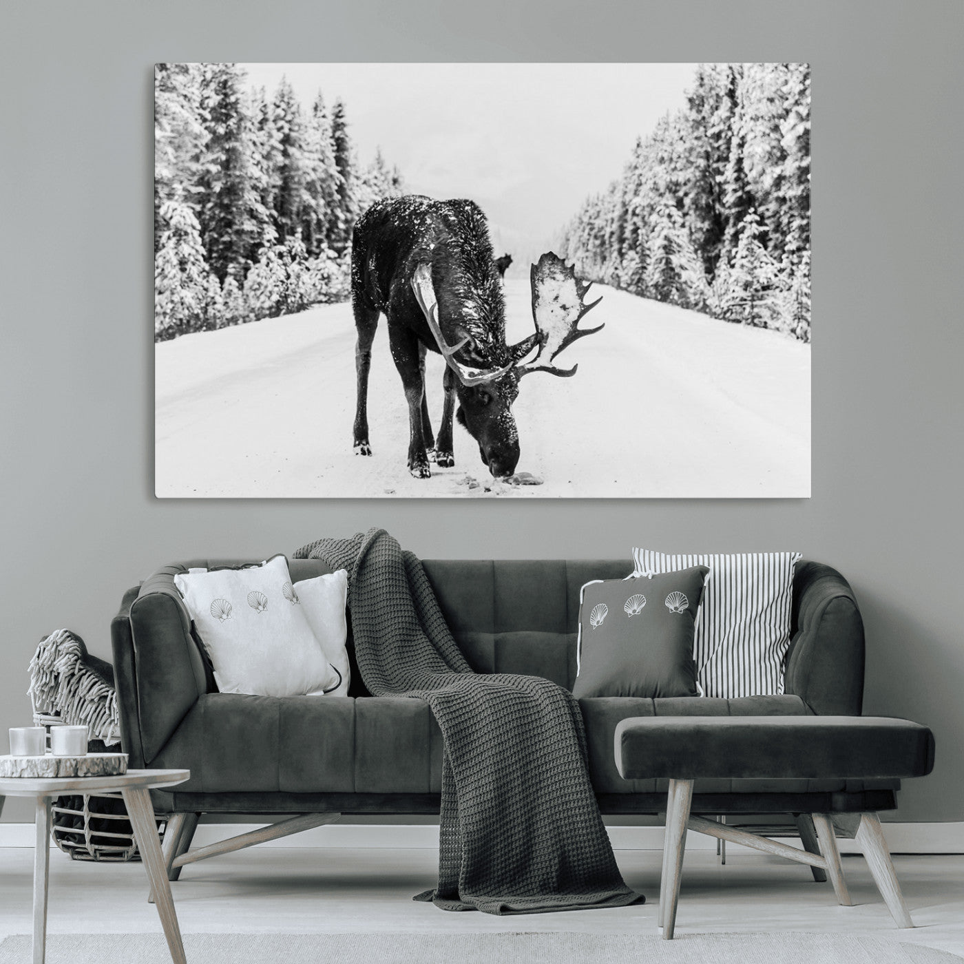 A majestic moose grazing in the snow-covered wilderness, surrounded by snow-covered trees, creating a peaceful winter scene.