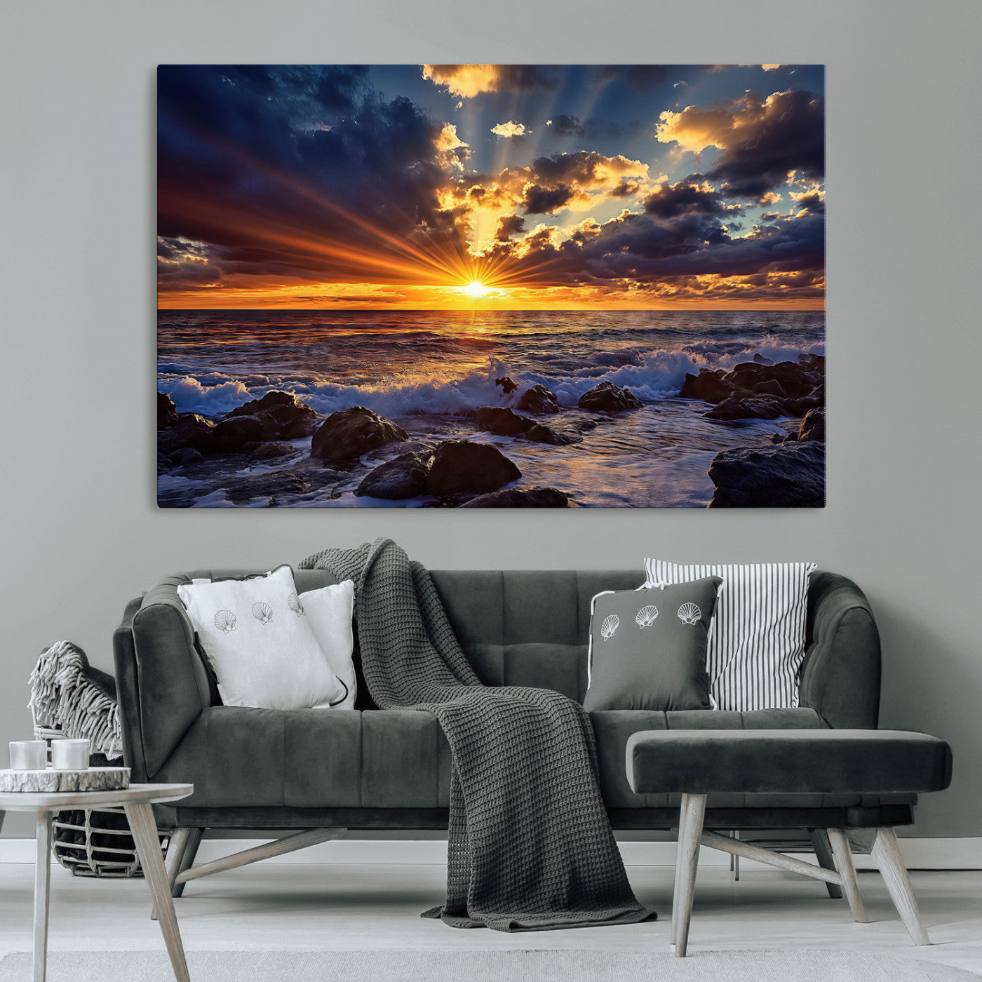 An explosive sunset over the ocean with dramatic clouds and rays of sunlight reflecting off the water, creating a vibrant and captivating view.