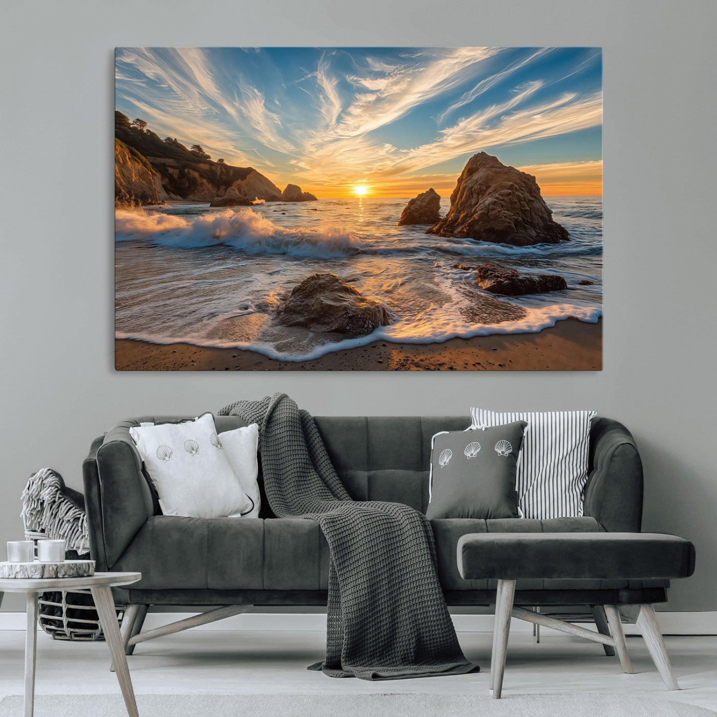 Rocky Ocean Sunset Wall Art Print, Seaside Canvas Wall Art, Dramatic Seascape Canvas Print for Coastal Modern Decor, Ocean Sunset Art Printing