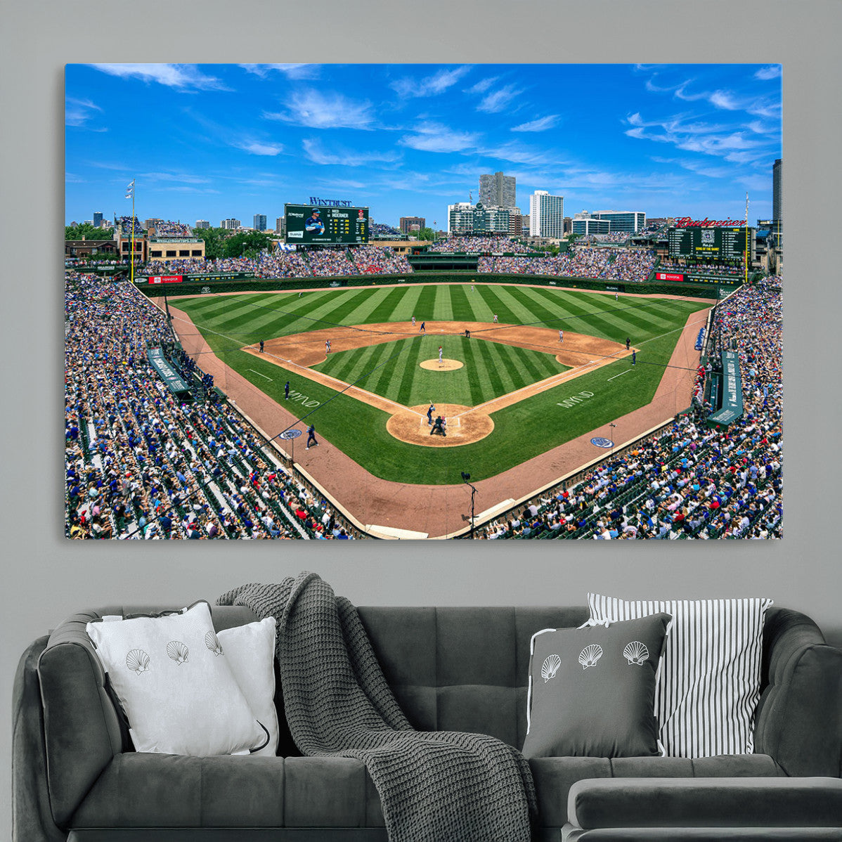 35800083-MGV-CV-36X24 - Wrigley Field Baseball Stadium Canvas Wall Art – Packed Crowd Sports Stadium City Skyline Artwork for Home Office