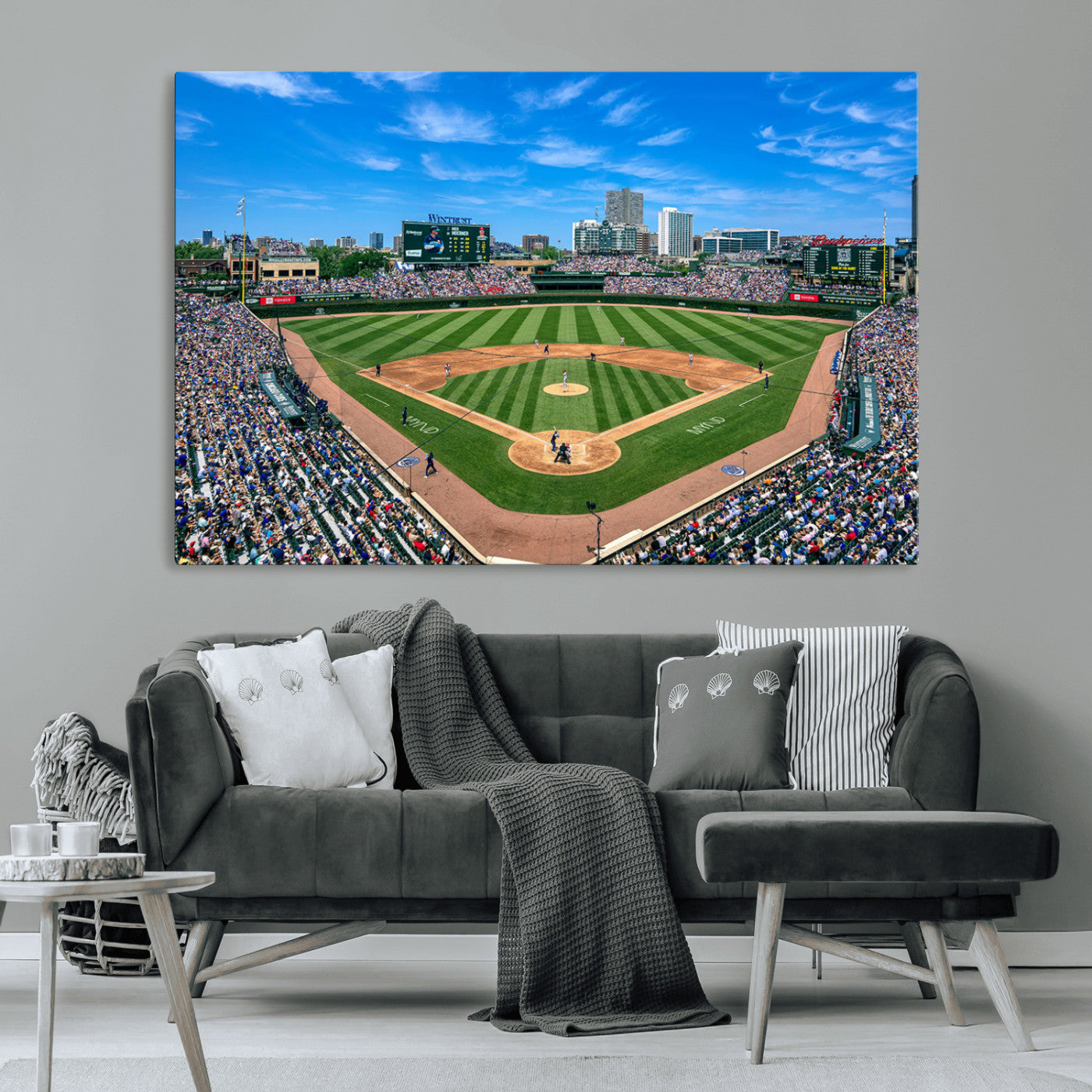Wrigley Field Baseball Stadium Canvas Wall Art, Packed Crowd Sports Stadium Print, City Skyline Baseball Field Canvas for Game Room Decor