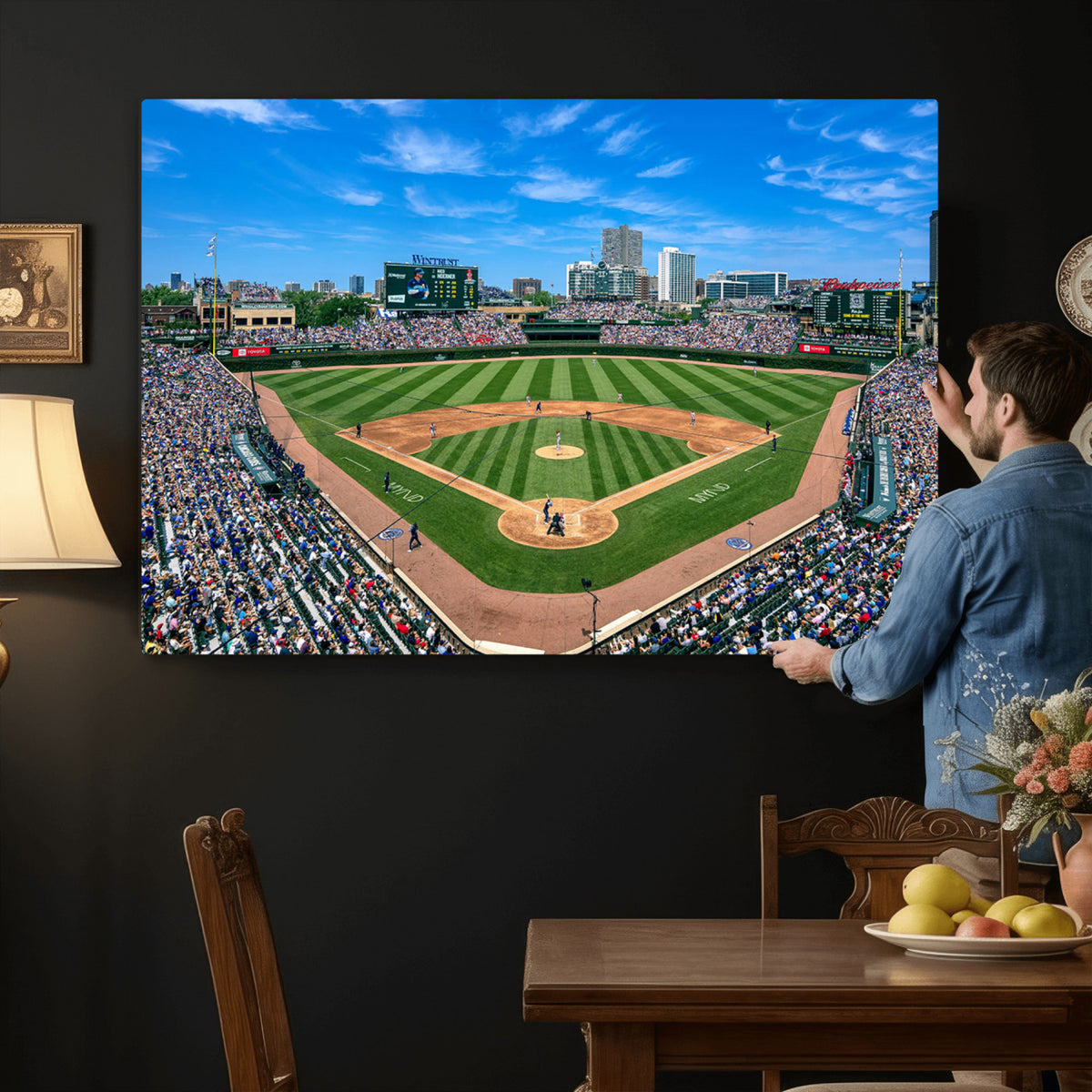 35800083-MGV-CV-36X24 - Wrigley Field Baseball Stadium Canvas Wall Art, Packed Crowd and Chicago Skyline