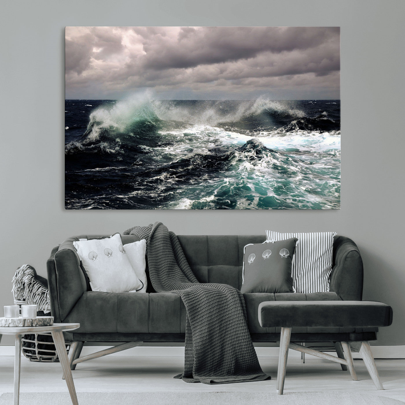 Powerful ocean waves crashing under stormy skies, creating a dynamic and intense seascape.