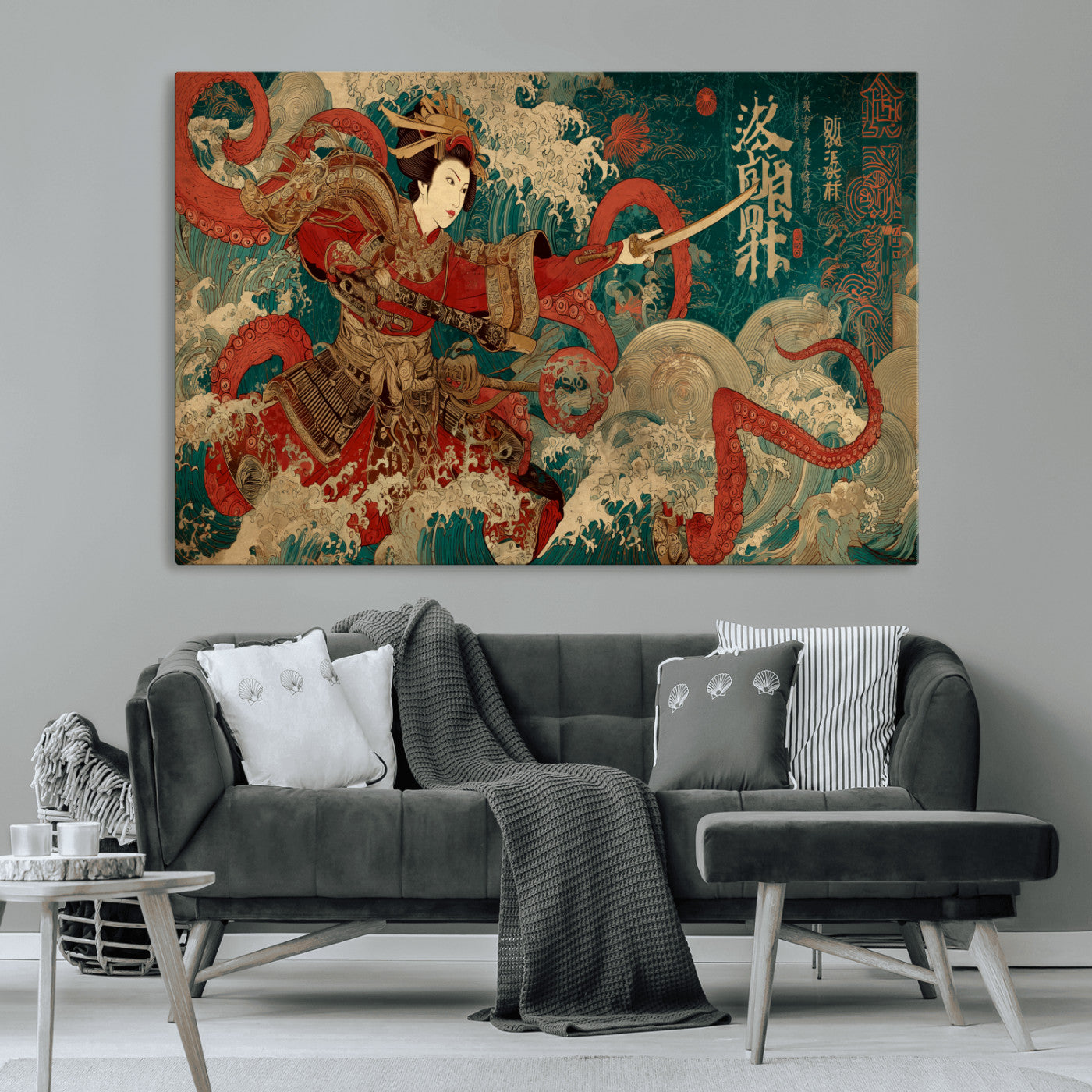 MGV-CV-36X24 - Tsukioka Yoshitoshi Samurai Wall Art Print, Japanese Katana Warrior Canvas Wall Art, Octopus Sea Monster Canvas Print,