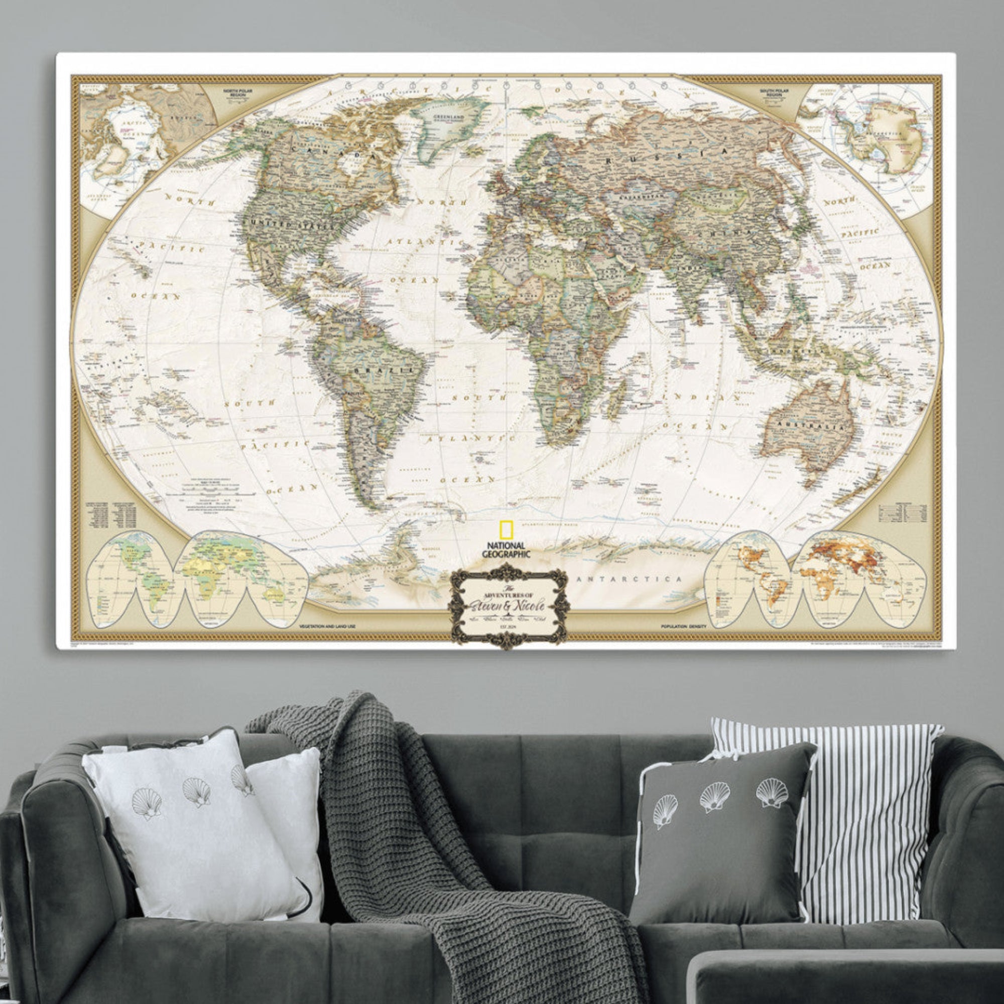 62071694-MGV-CV-36X24-World Map Wall Art Canvas – National Geographic Style Framed Map Print, Elegant Educational Wall Decor for Home, Office