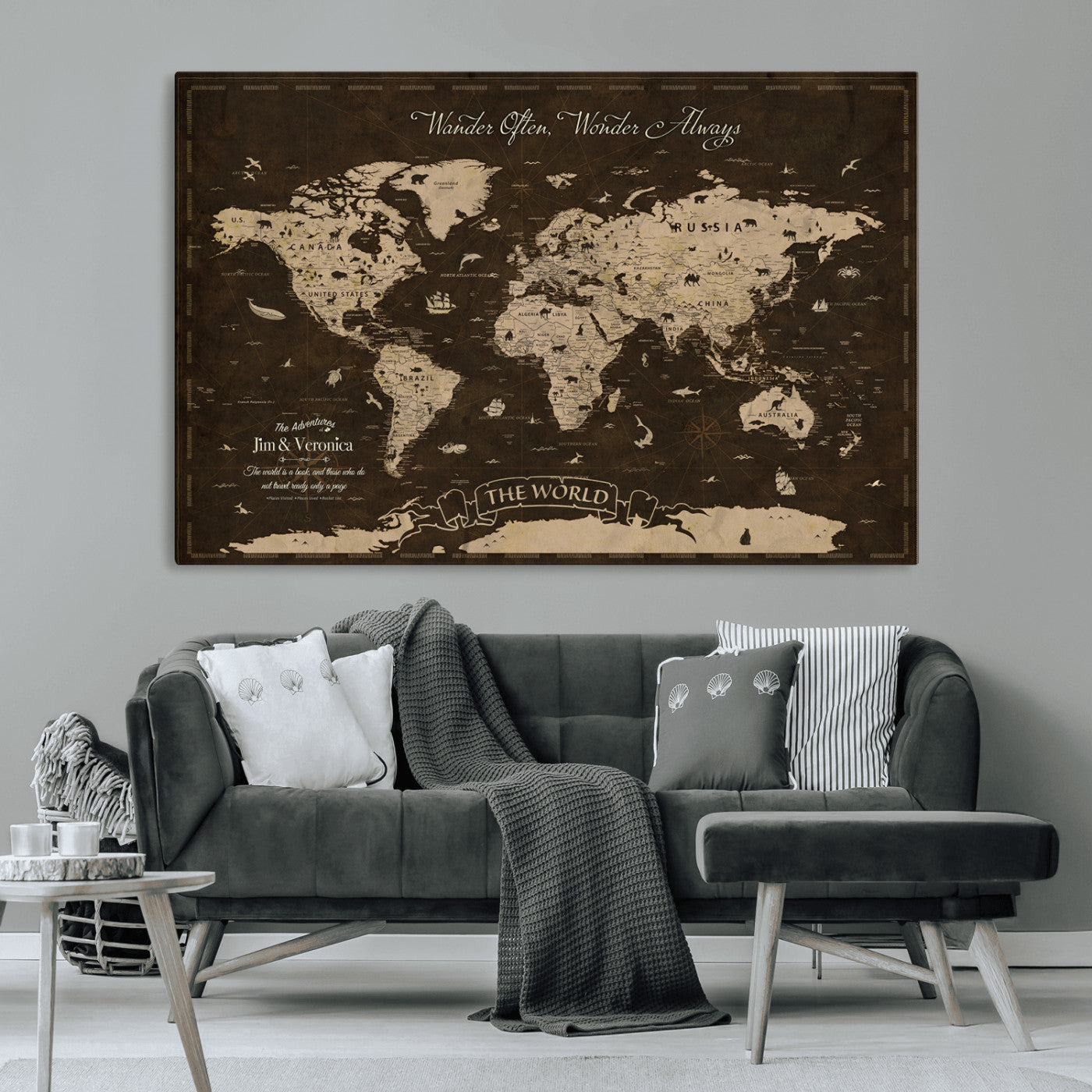 47004909-MGV-CV-36X24-Customize Push Pin World Map Wall Art Canvas Print – Personalized Map for Kids Room – Framed Custom Animal Map for Stady Room Decor