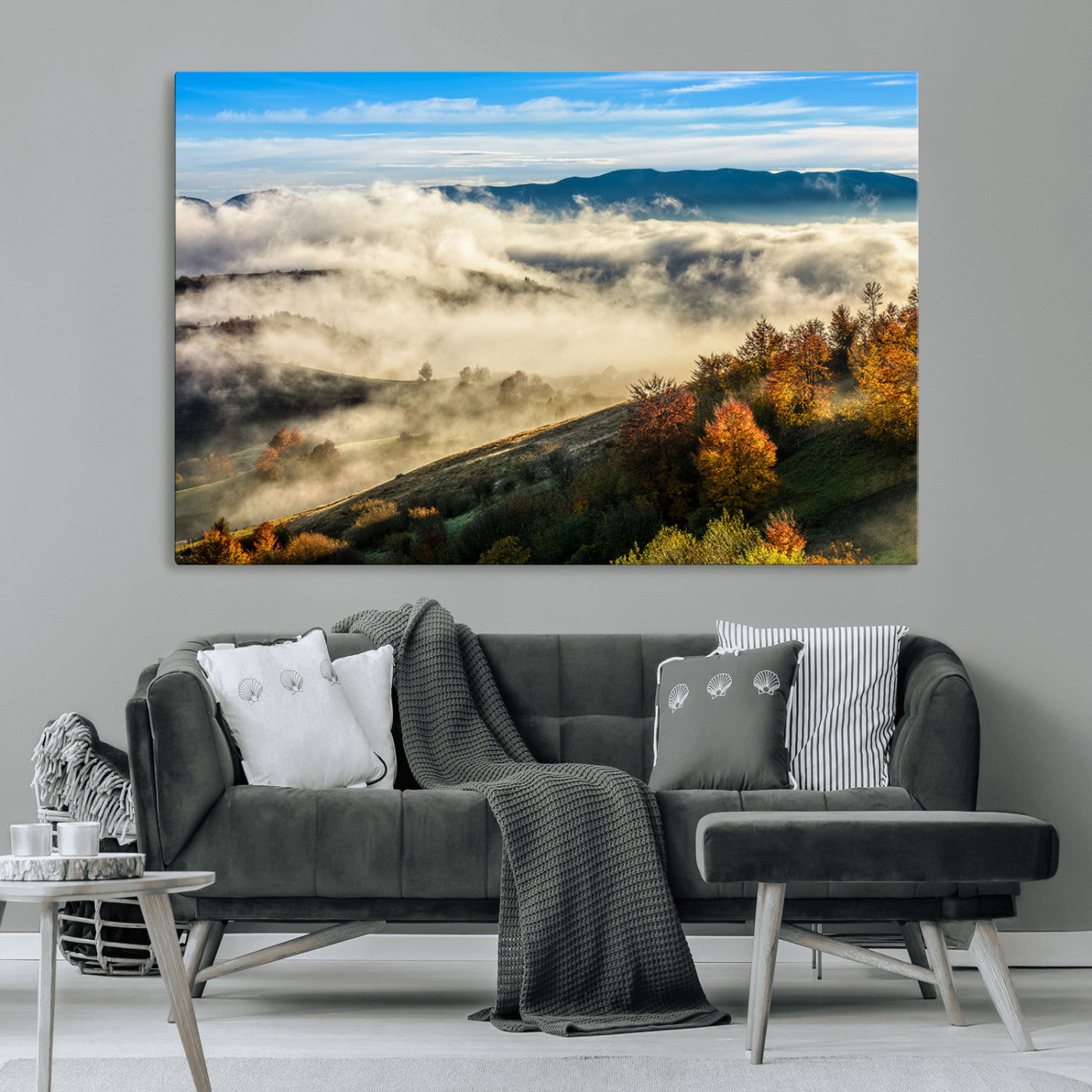 21551192-MGV-CV-36X24-Misty Autumn Hills Canvas Wall Art, Foggy Forest Landscape, Fall Foliage Beauty, Serene Mountain View, Cozy Home Decor, Office Tranquility, Nature Calm Print