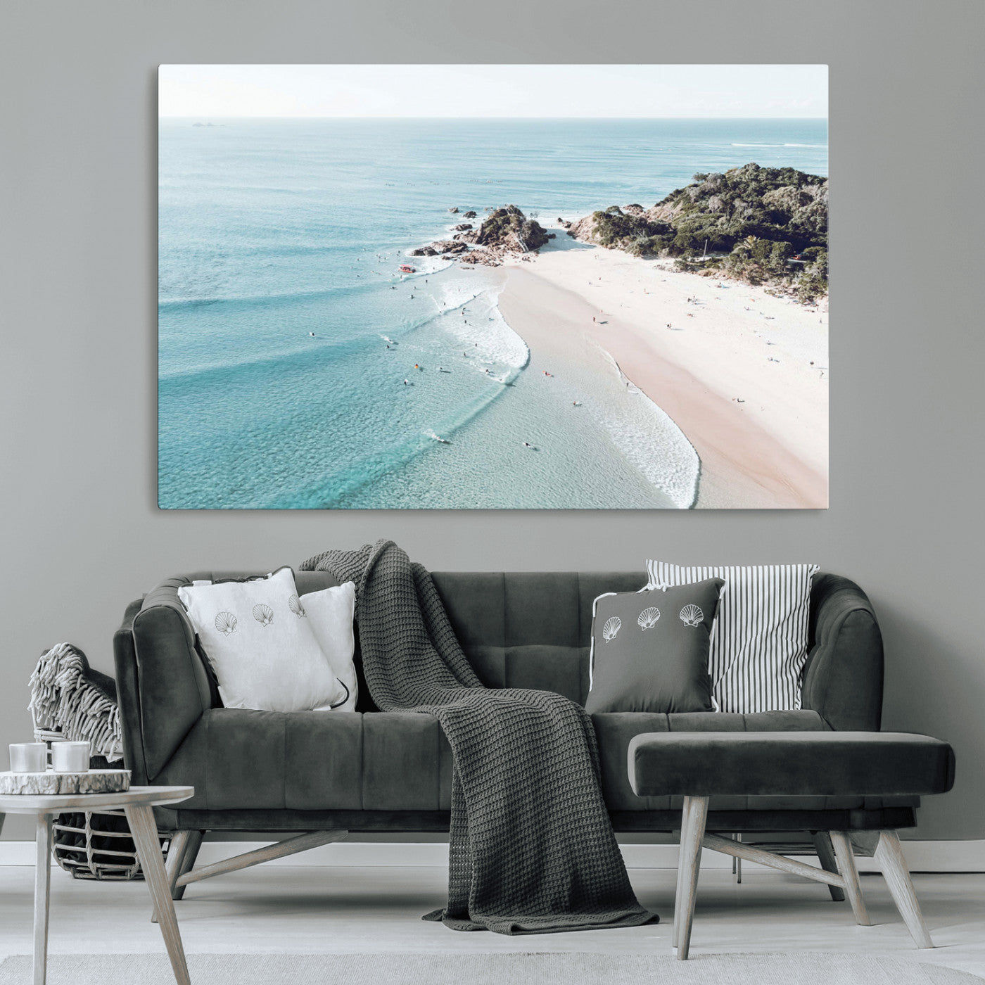 79395467-MGV-CV-36X24-Aerial Beach Canvas Wall Art Print, Coastal Ocean Waves and Surfers, Large Scenic Seaside Canvas for Home or Office 1 Panel Wrapped Canvas