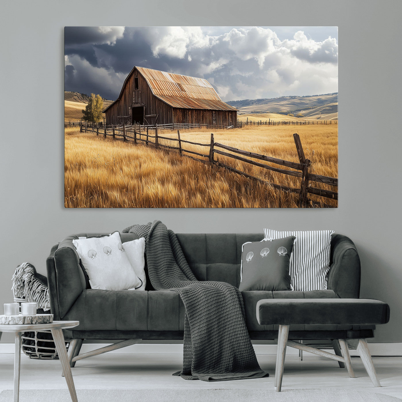 "Rustic barn surrounded by golden fields, a wooden fence, and dramatic storm clouds in the sky, capturing a serene countryside landscape."