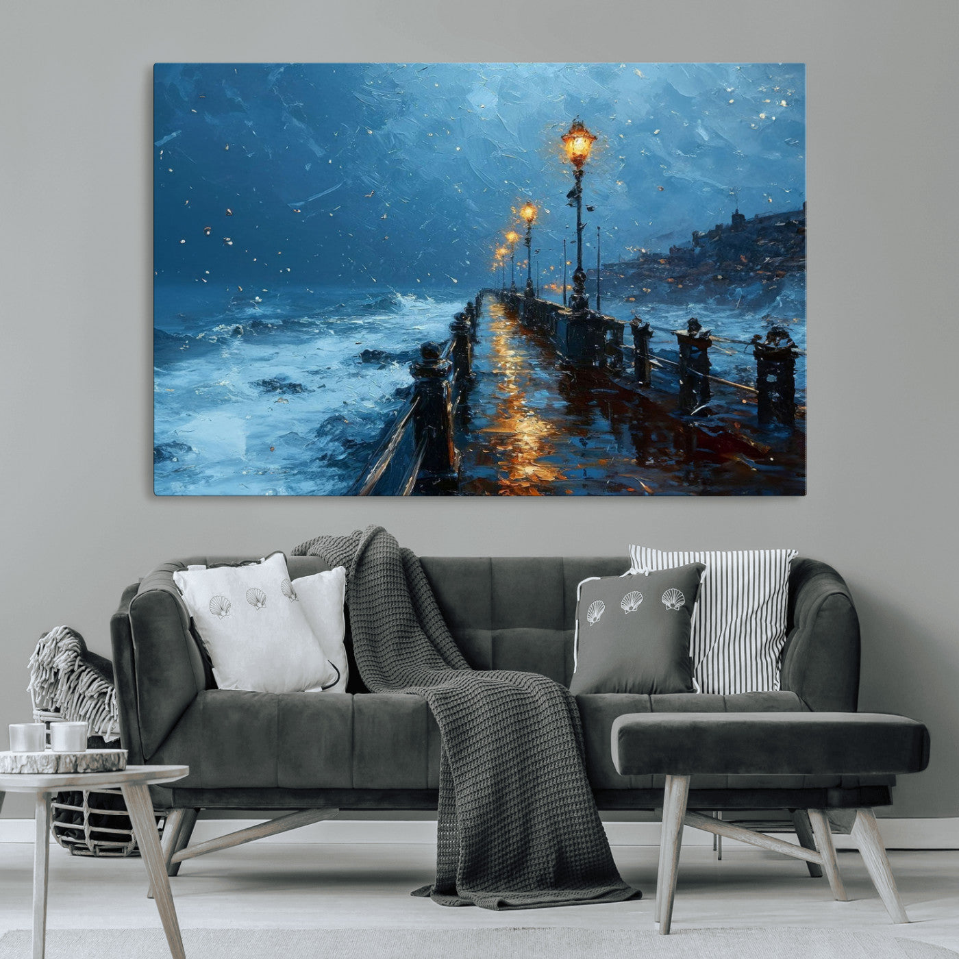 "Impressionistic painting of a stormy pier with street lamps glowing, waves crashing, and a misty ocean under a blue sky."