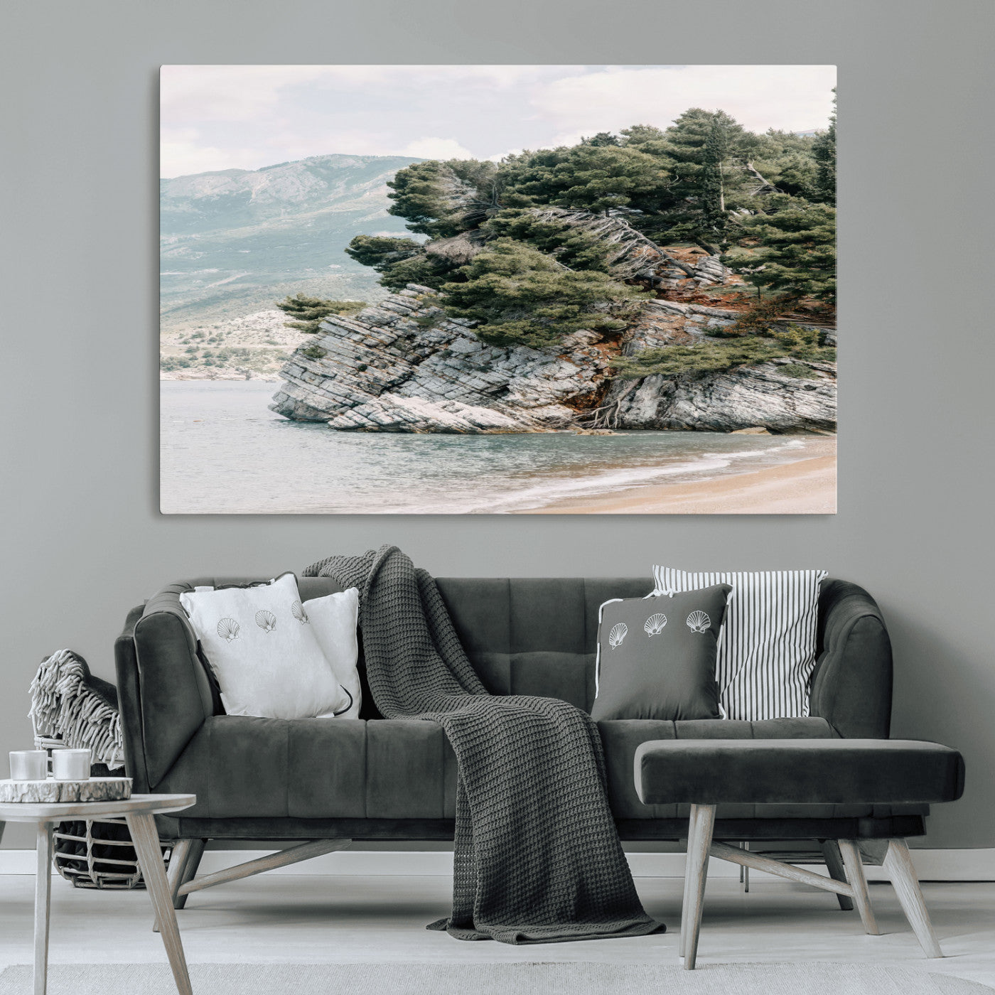 MGV-CV-36X24 - Coastal Rock Canvas Wall Art Print, Scenic Beach Landscape, Pine Trees on Rocky Cliff, Large Nature