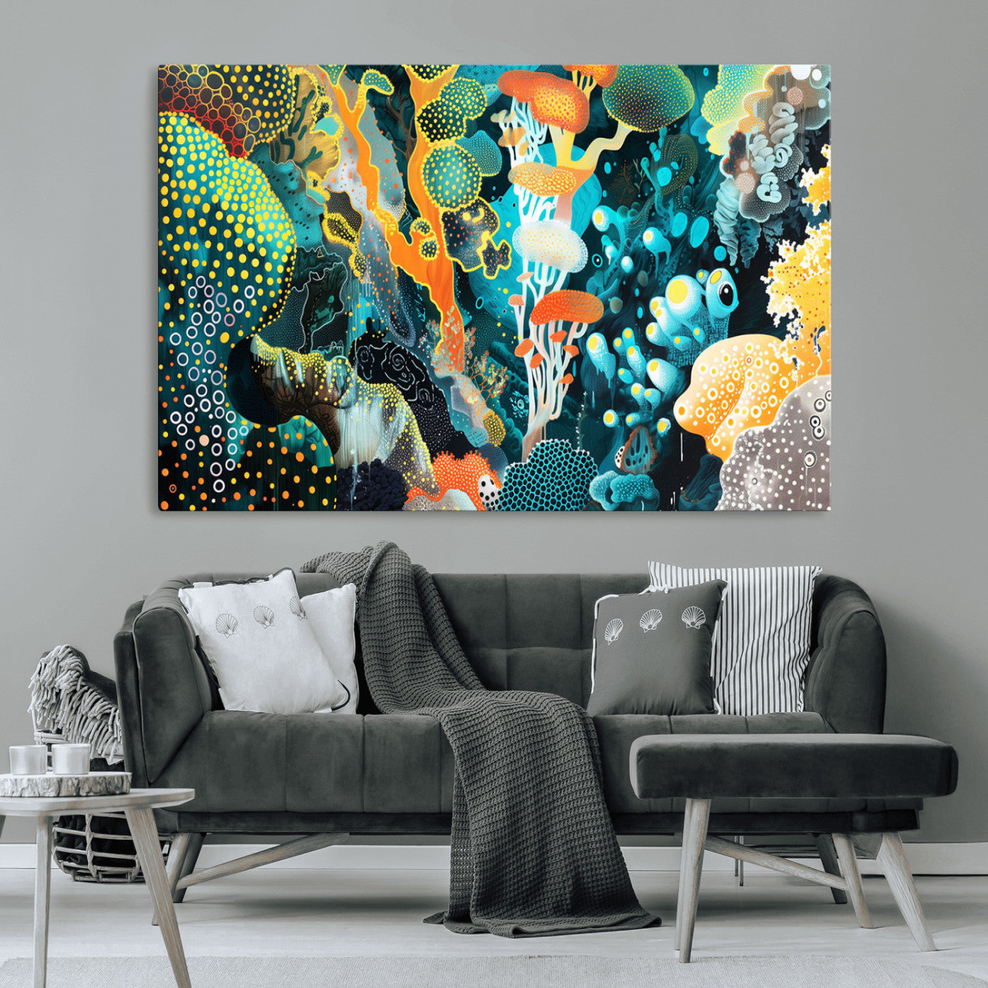 Colorful abstract coral reef scene featuring vibrant underwater plants, marine patterns, and fluid organic shapes – Wall Art Canvas Print.