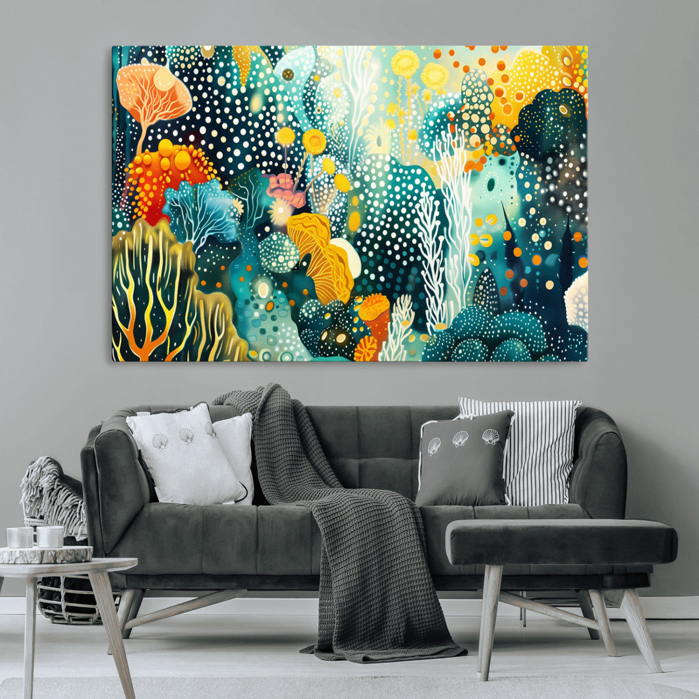 Abstract underwater coral reef illustration with vibrant colors, dotted textures, and stylized marine flora – Wall Art Canvas Print.