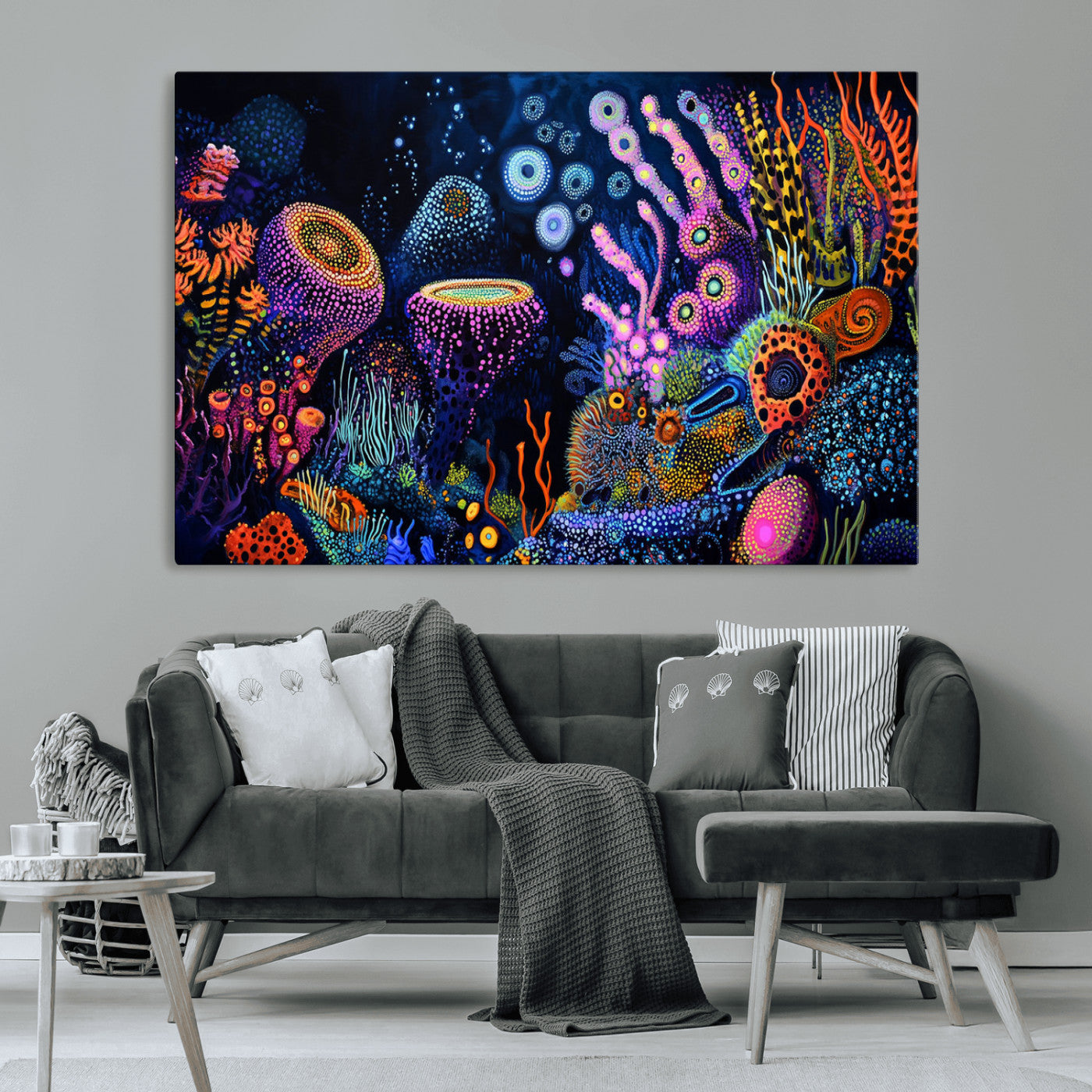 Vibrant and colorful abstract underwater coral reef artwork with diverse shapes and glowing patterns – Wall Art Canvas Print.
