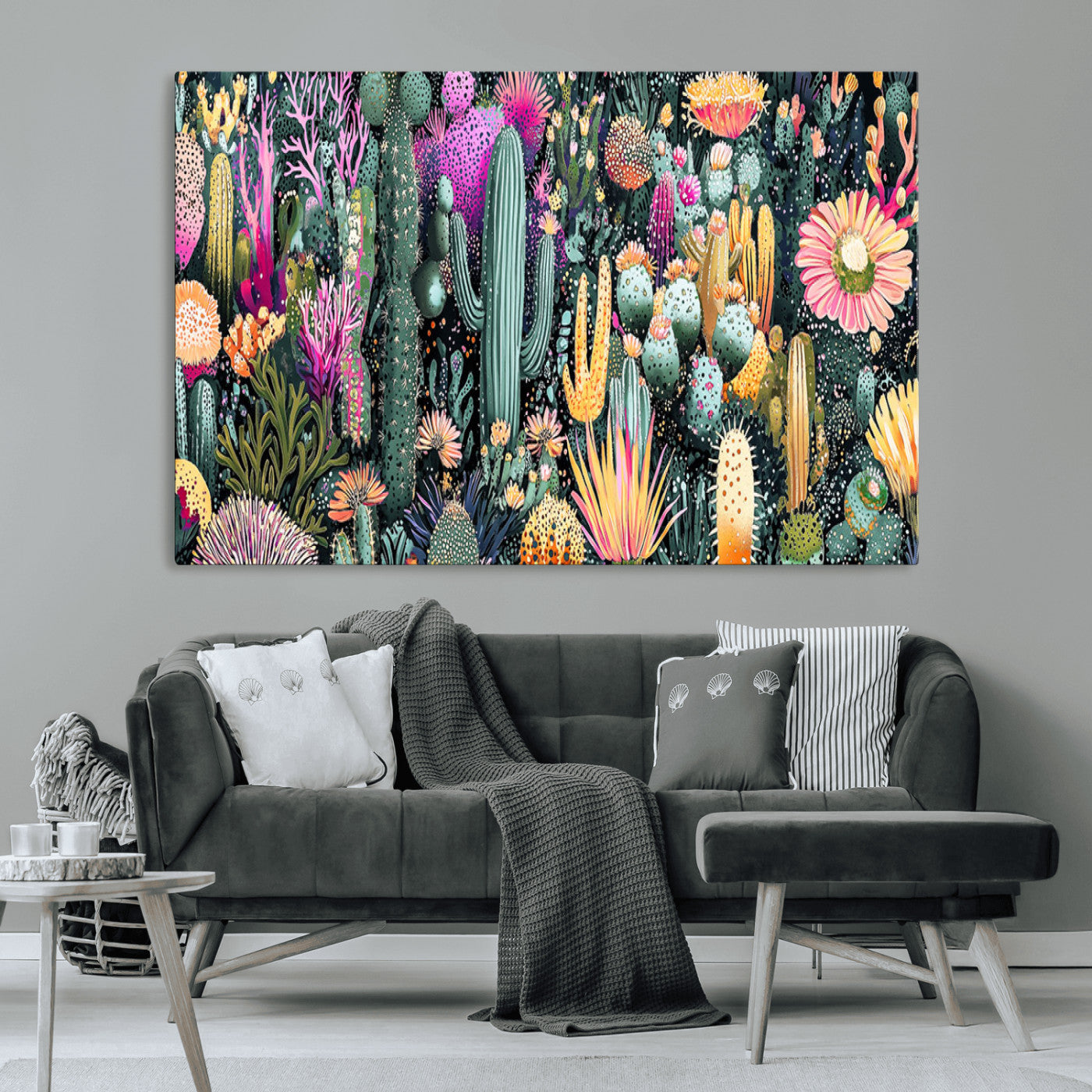 Colorful and detailed painting of various cacti and desert flowers in vibrant hues on a dark background – Wall Art Canvas Print.