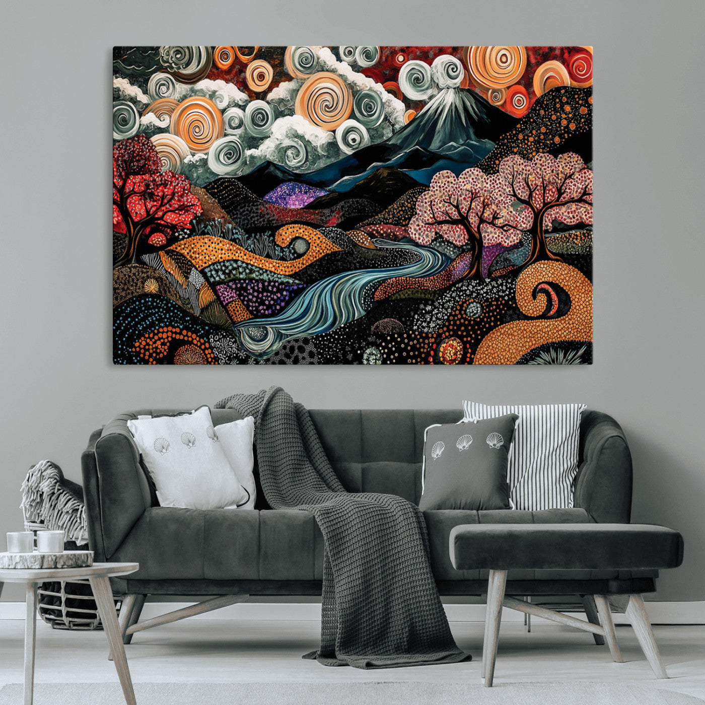 Vibrant abstract landscape painting featuring swirling clouds, colorful trees, flowing river, and textured hills under a mountain – Wall Art Canvas Print.