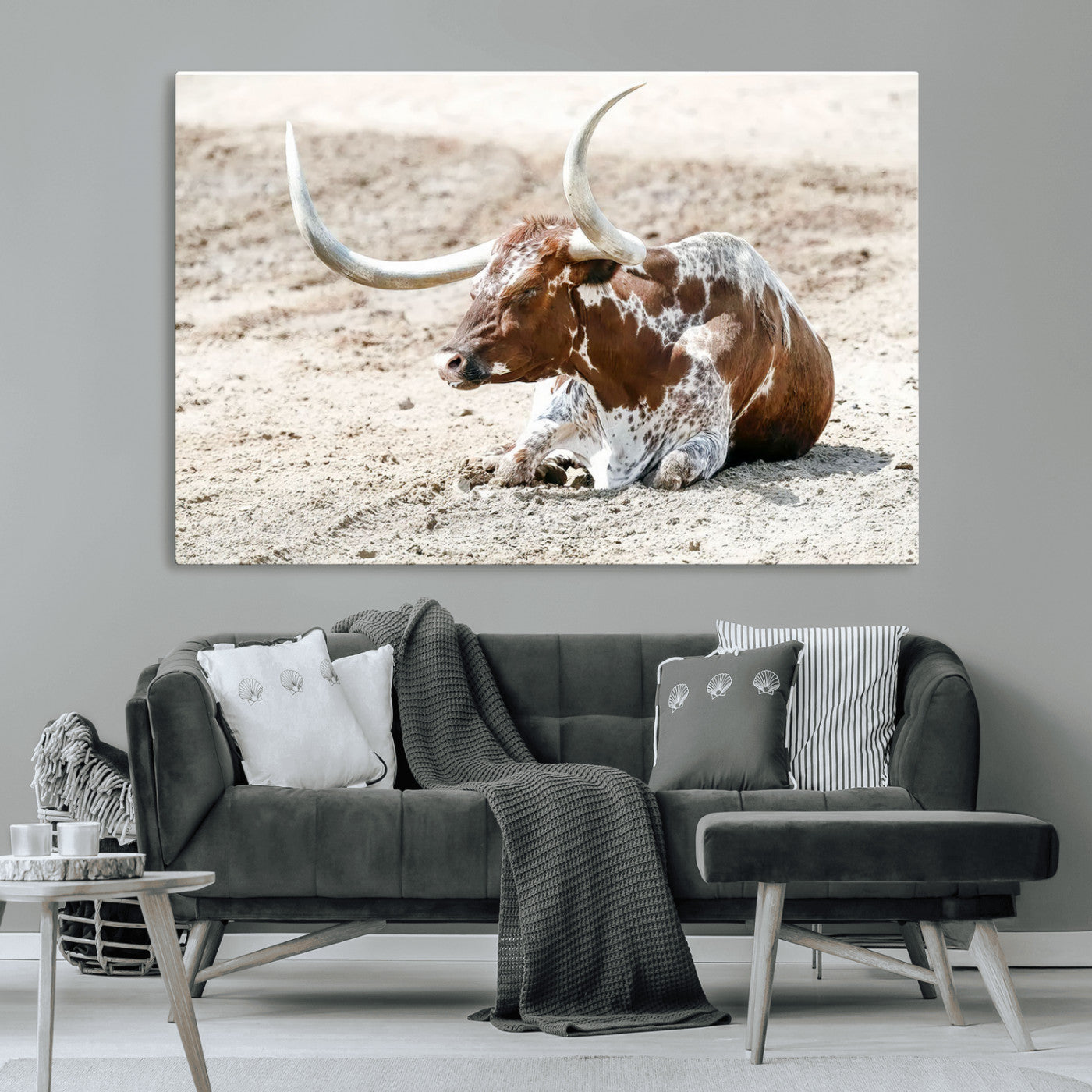 MGV-CV-36X24 - Majestic Longhorn Resting on Sunlit Desert Ground – Striking Western-Themed Wall Art Canvas Print