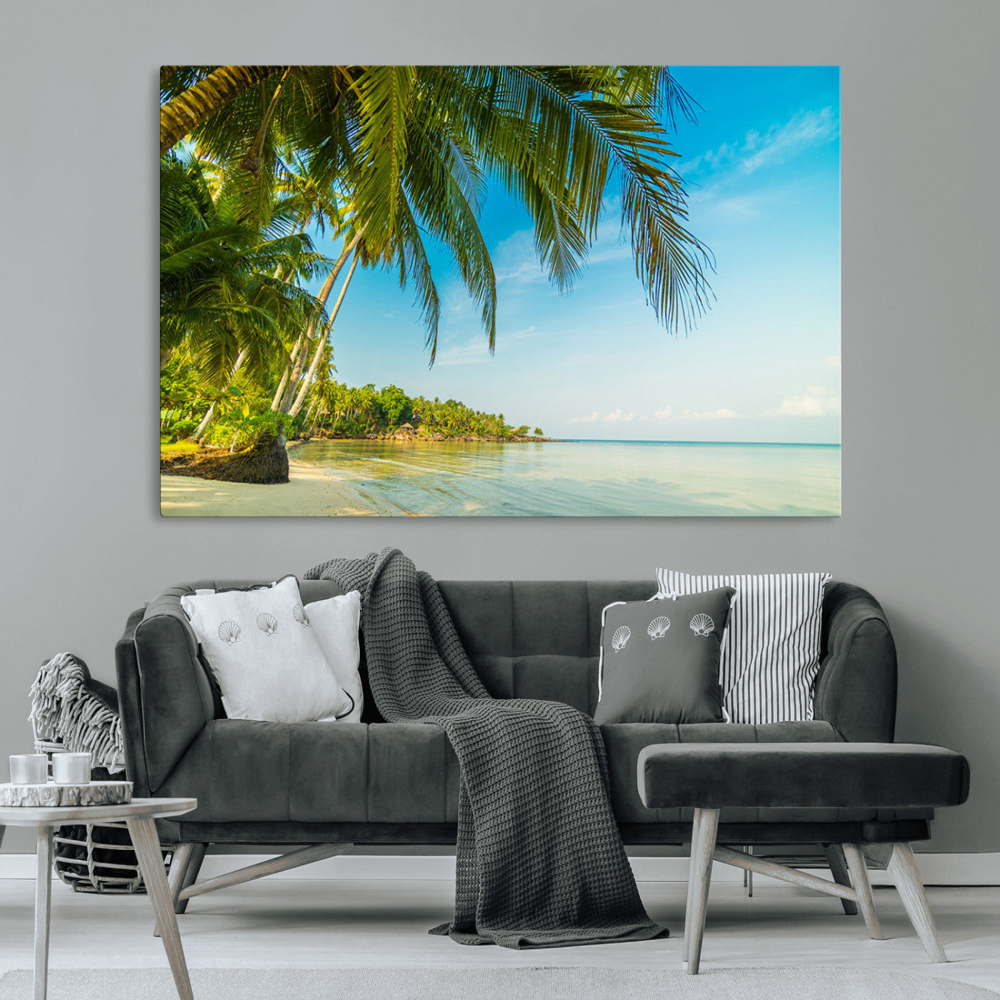 MGV-CV-36X24 - Peaceful Tropical Beach with Palm Trees and Calm Blue Sea – Serene Coastal Wall Art Canvas Print for