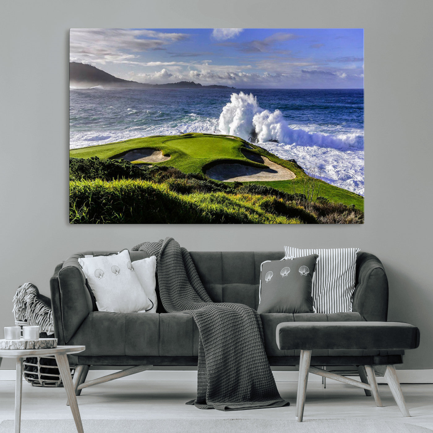 MGV-CV-36X24 - Dramatic Ocean Waves Crashing Against Rocky Coastline Near a Green Golf Course – Stunning Wall Art