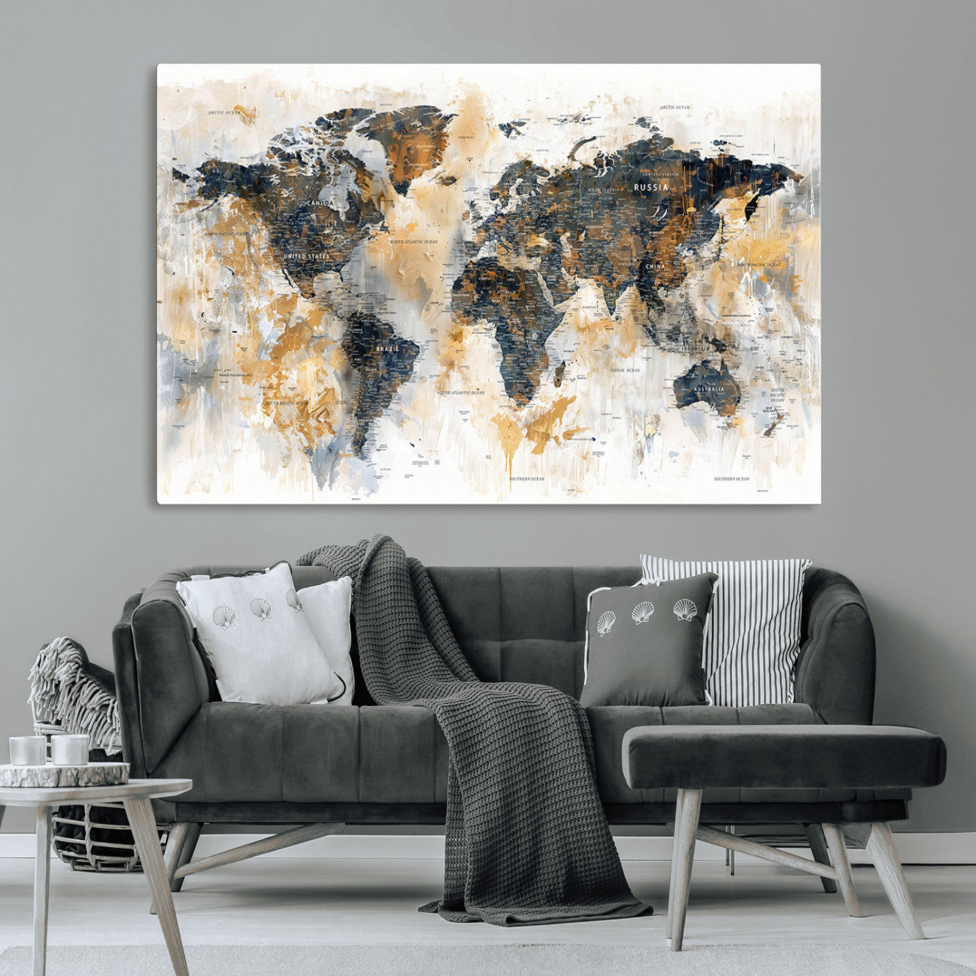 Artistic world map with textured brush strokes in shades of gold, navy blue, and white, showing continents and countries with an abstract, painterly effect.