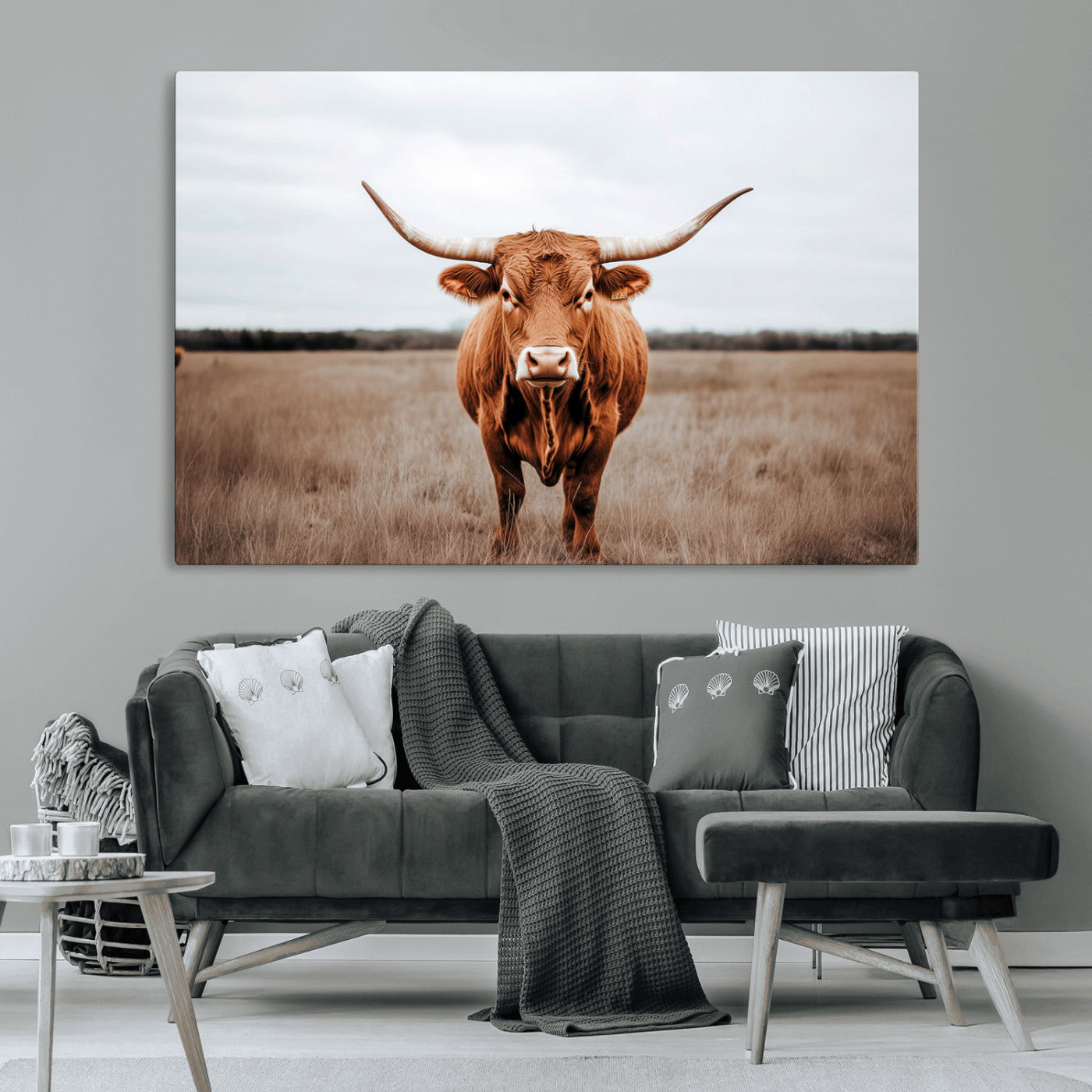 MGV-CV-36X24 - Longhorn bull, open field, rustic charm, natural beauty, Wall Art Canvas Print, countryside,