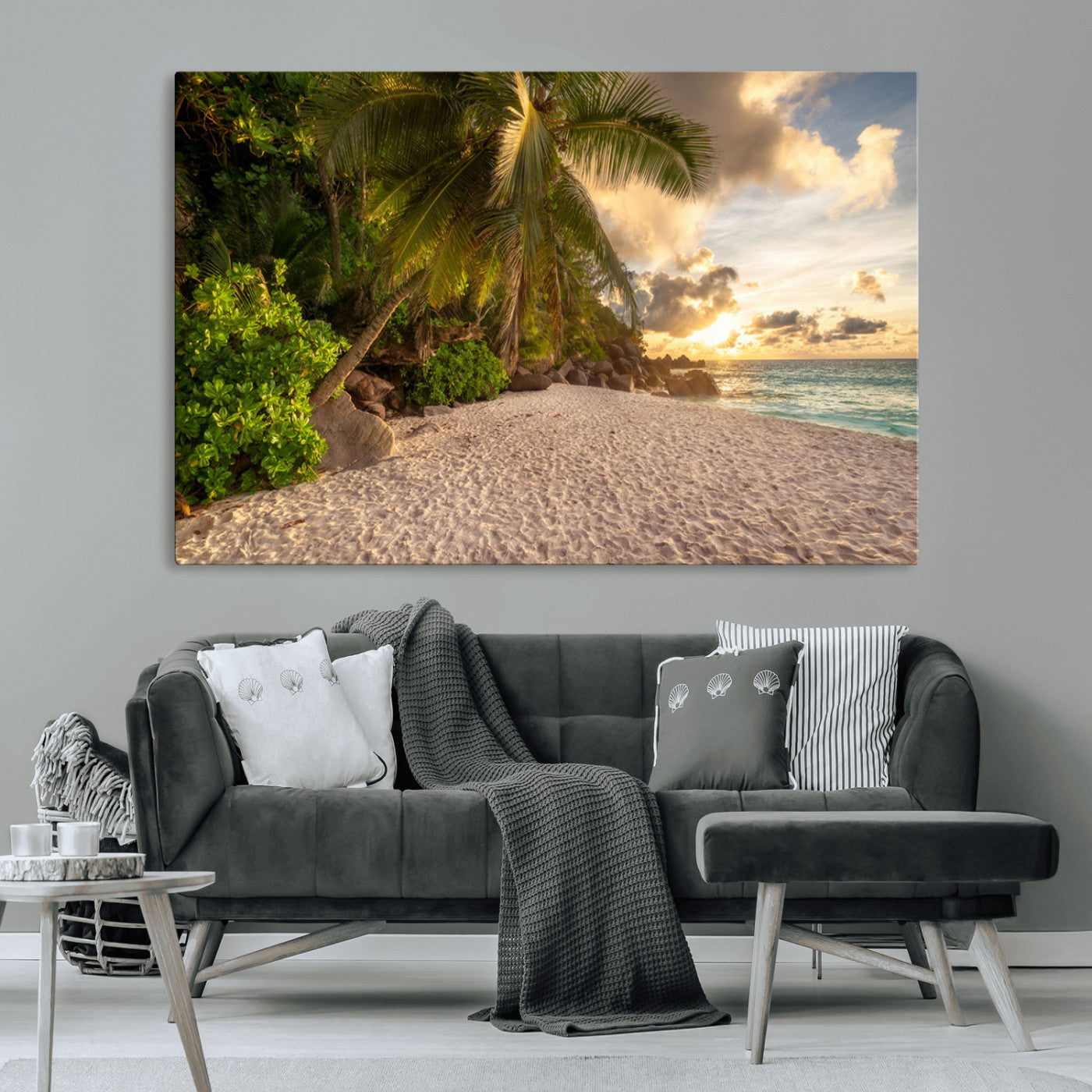89531159-MGV-CV-36X24-Tropical beach sunset, palm trees, white sand, ocean waves, golden sky, serene landscape, nature beauty, tranquil shore, Wall Art Canvas Print