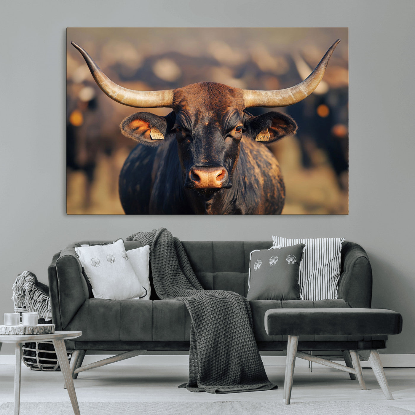 35515971-MGV-CV-36X24-Majestic bull head close-up, long curved horns, detailed fur texture, warm sunlight, focused gaze, Wall Art Canvas Print