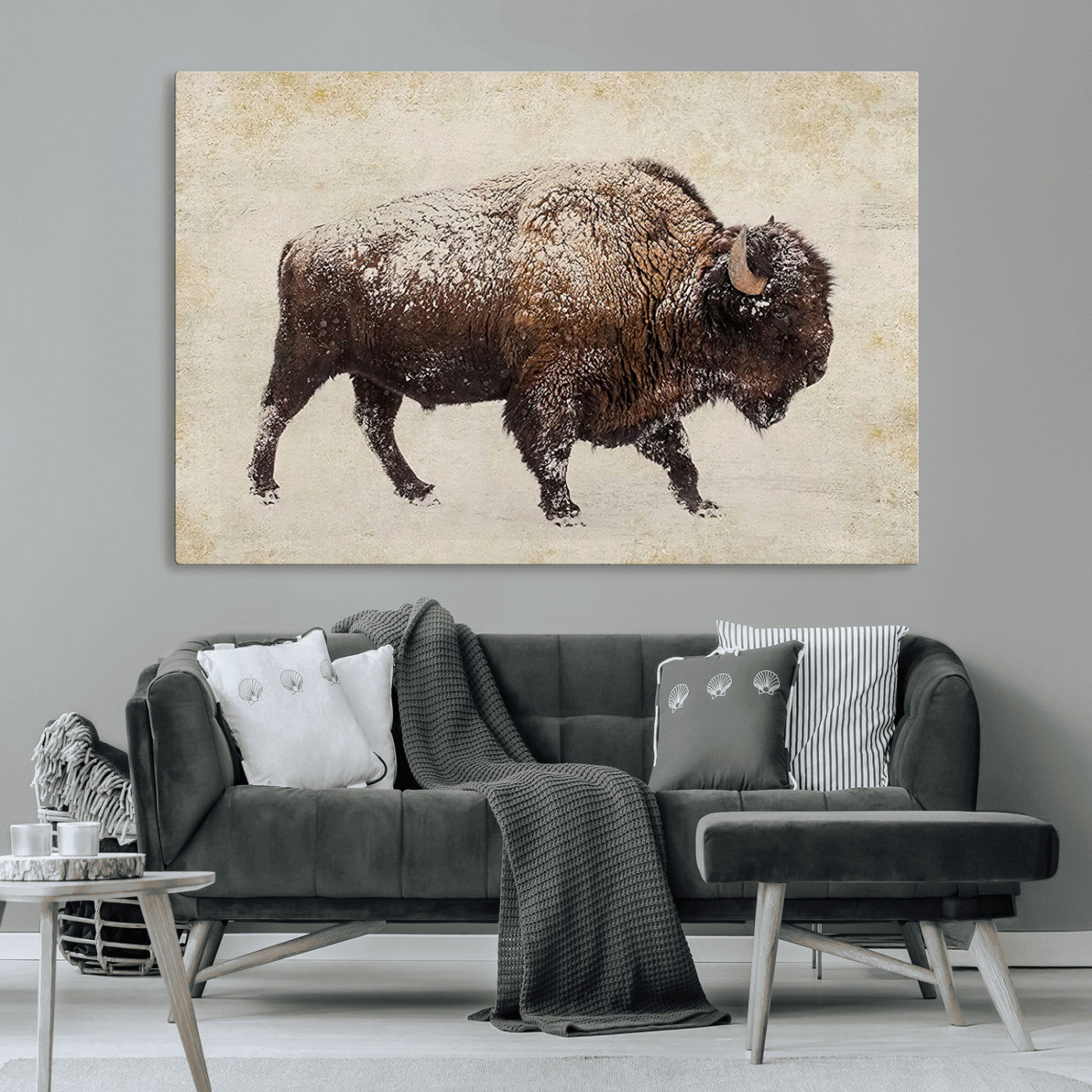 54810031-MGV-CV-36X24-Snow-dusted bison silhouette textured vintage style rugged wildlife art with neutral tones perfect for rustic home decor Wall Art Canvas Print design