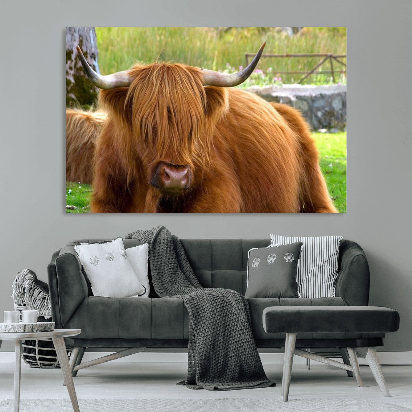 68411138-MGV-CV-36X24-Highland Cow Long Hair Rustic Farm Animal Horns Green Pasture Natural Beauty Outdoor Wall Art Canvas Print