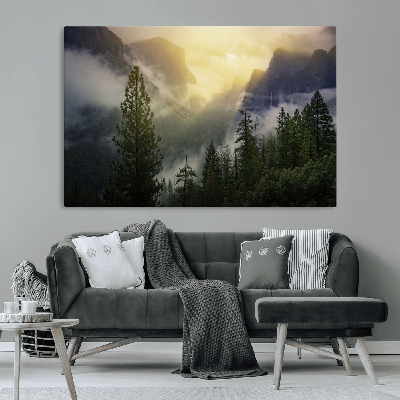 38316884-MGV-CV-36X24-Misty Forest Sunrise Mountain Valley Pine Trees Foggy Landscape Nature Scenic Outdoors Calm Tranquil Wall Art Canvas Print
