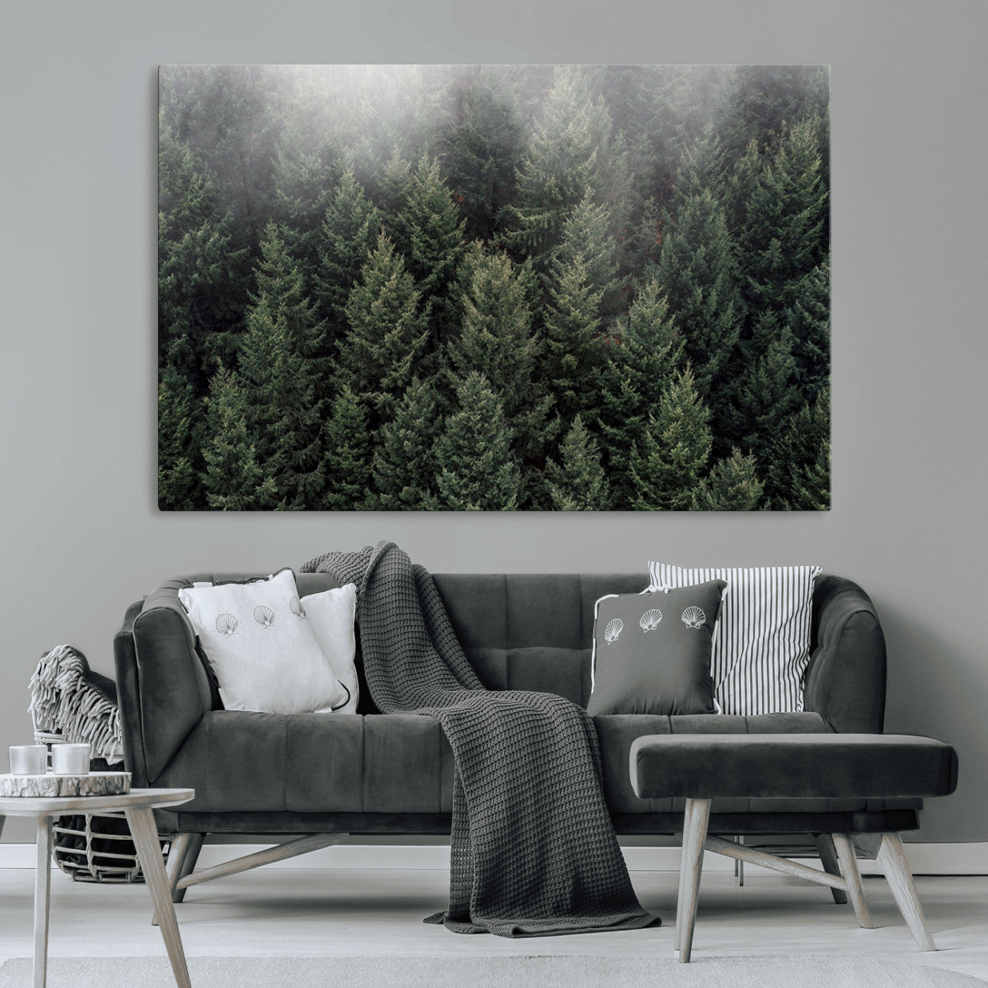 84059409-MGV-CV-36X24-Dense Evergreen Forest Misty Morning Fog Pine Trees Woodland Nature Landscape Calm Peaceful Scenic Wall Art Canvas Print