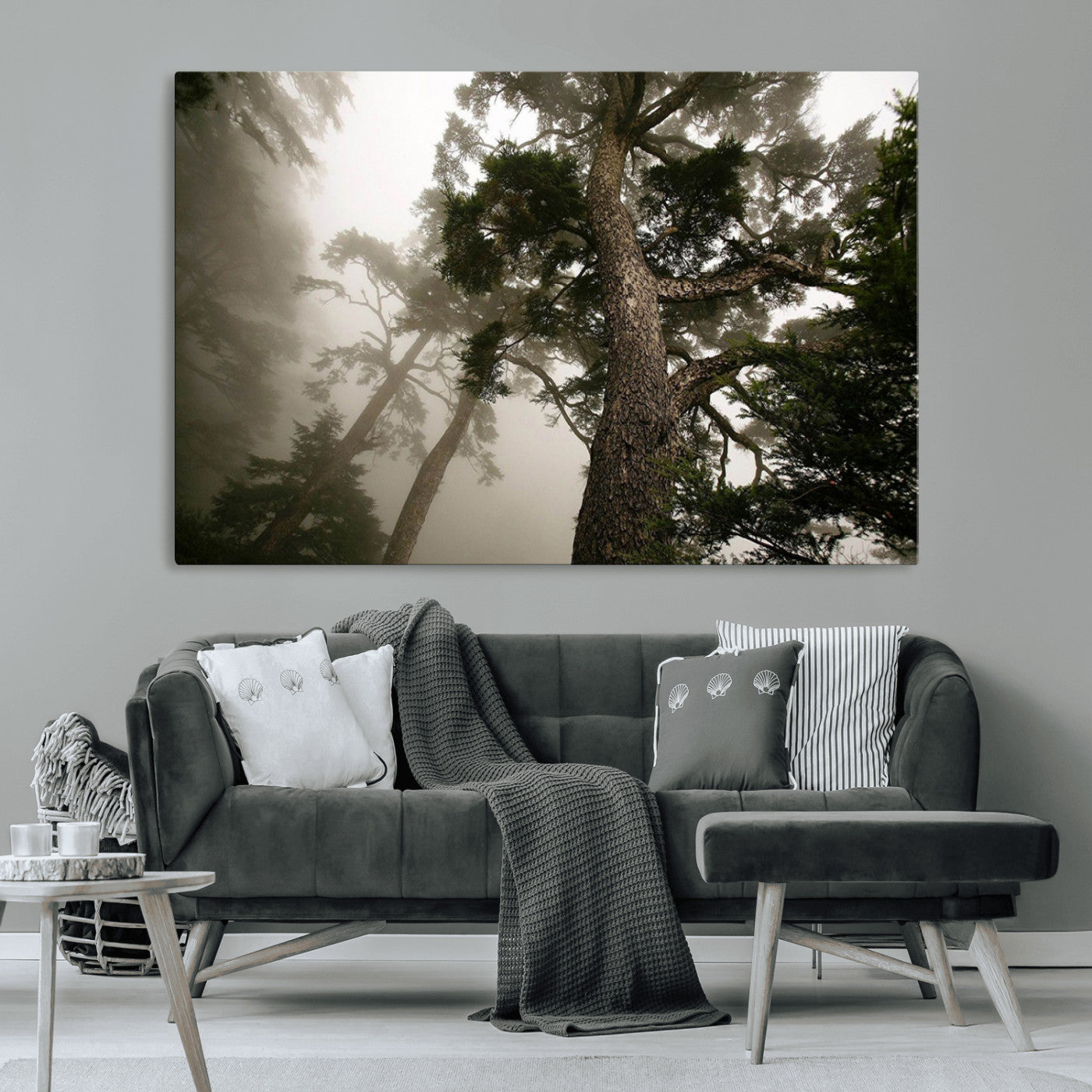 87969493-MGV-CV-36X24-Misty Forest Tall Trees Foggy Atmosphere Nature Serenity Calm Wooded Landscape Tranquil Scene Outdoor Beauty Wall Art Canvas Print