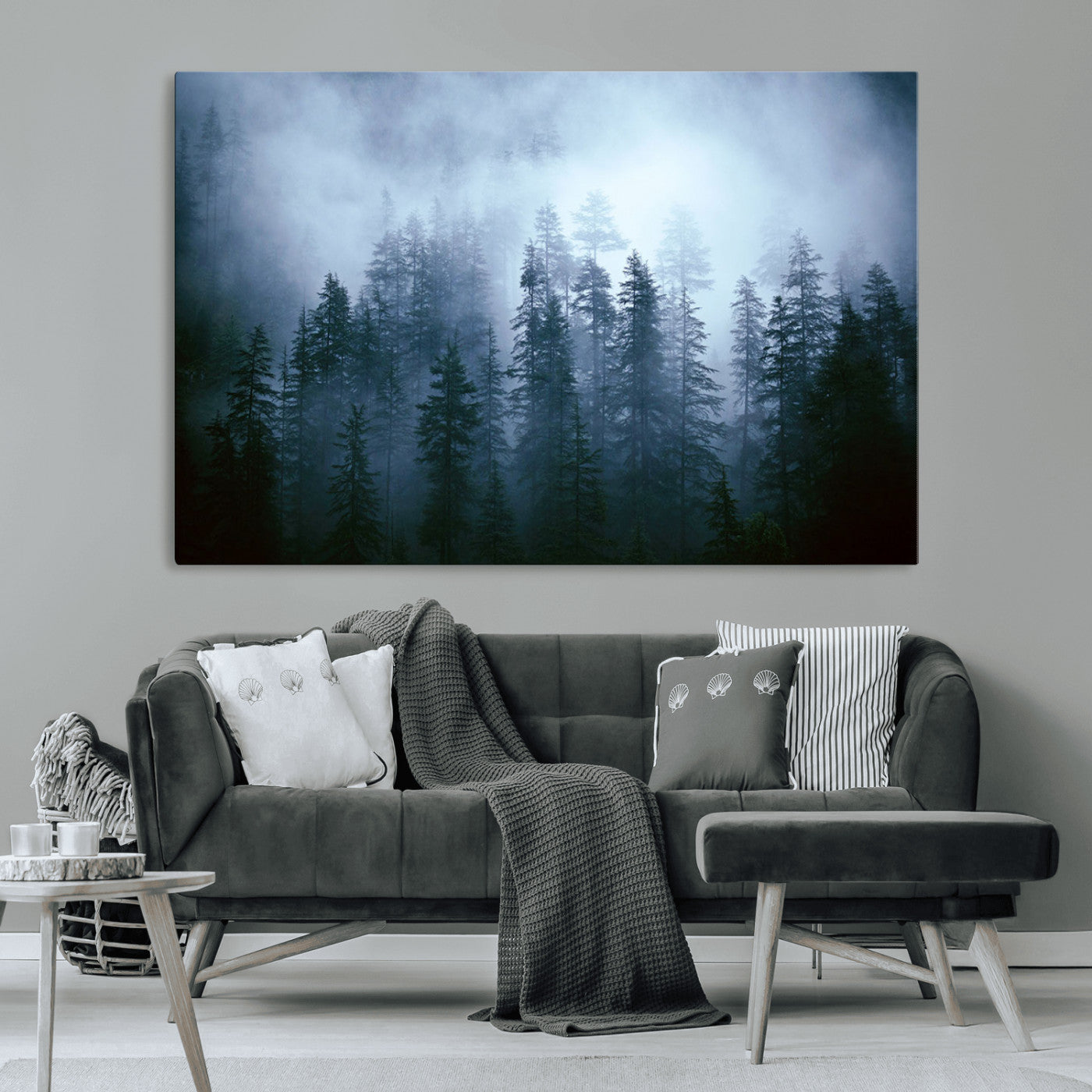 93439624-MGV-CV-36X24-Foggy Evergreen Pines Mist Forest Blue Haze Moody Atmospheric Wilderness Nature Trees Scenic Tranquil Peaceful Landscape Wall Art Canvas Print