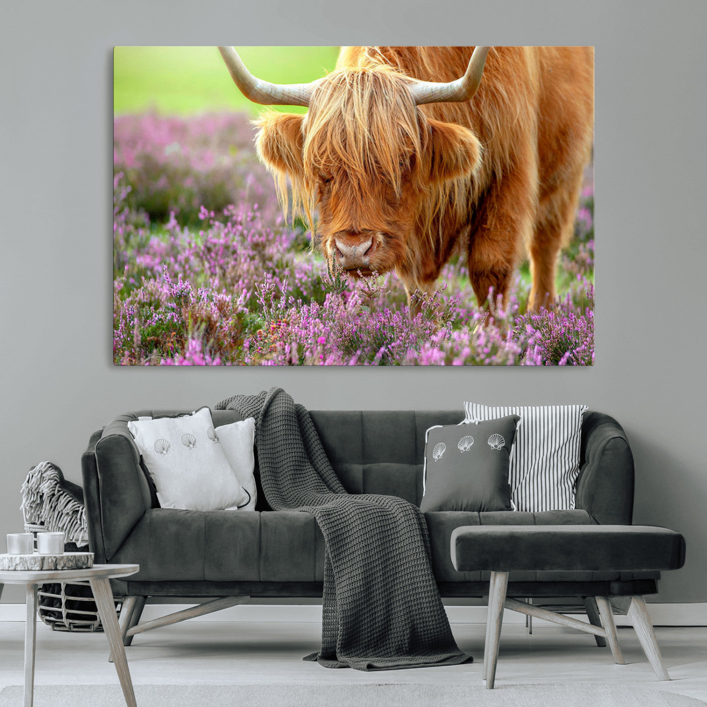 64069351-MGV-CV-36X24-Highland Cow Purple Flowers Nature Pasture Scenic Wildlife Animal Grazing Meadow Calm Rustic Charm Outdoors Peace Wall Art Canvas Print