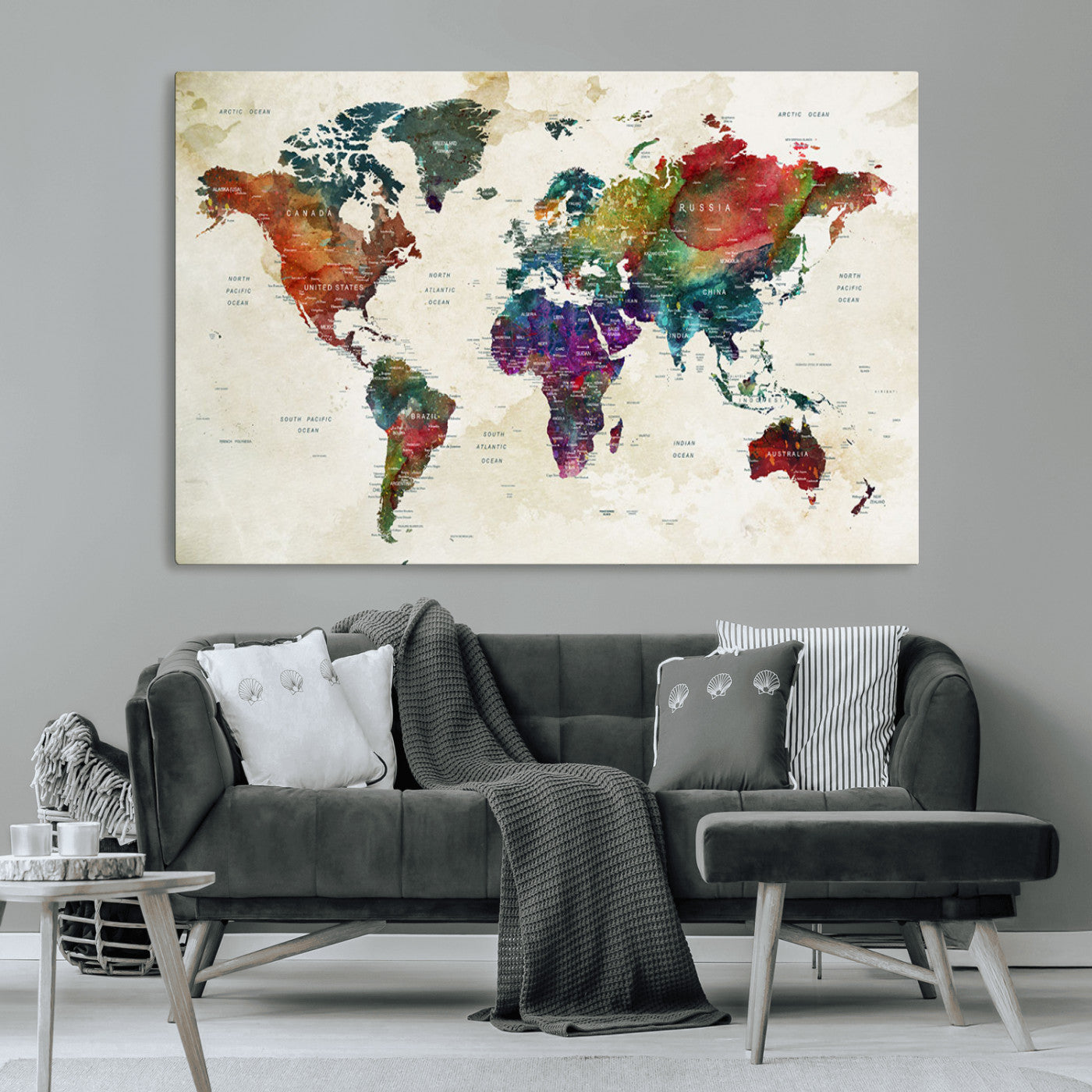 Colorful watercolor world map with countries labeled, featuring rich, vibrant hues across continents on a vintage beige background, Wall Art Canvas Print style.