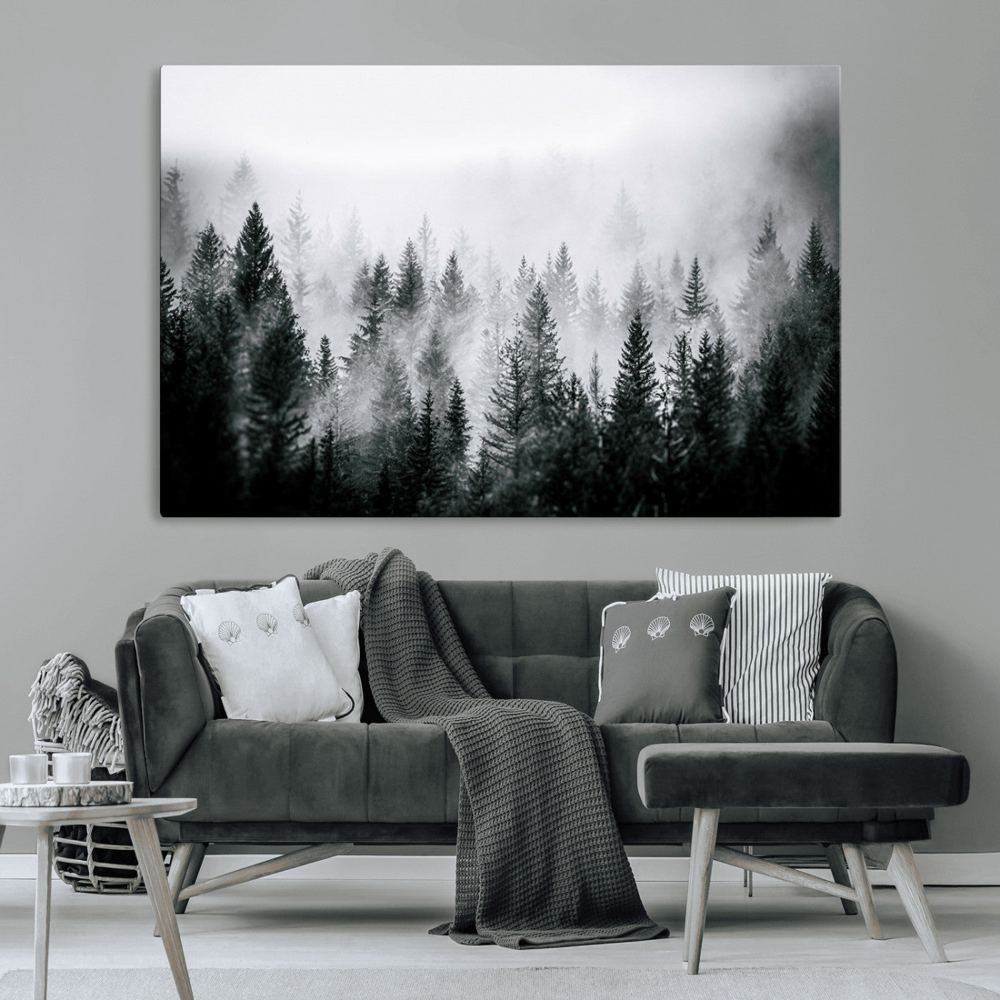 Horizontal black and white canvas wall art of foggy pine forest landscape for modern and rustic home decor