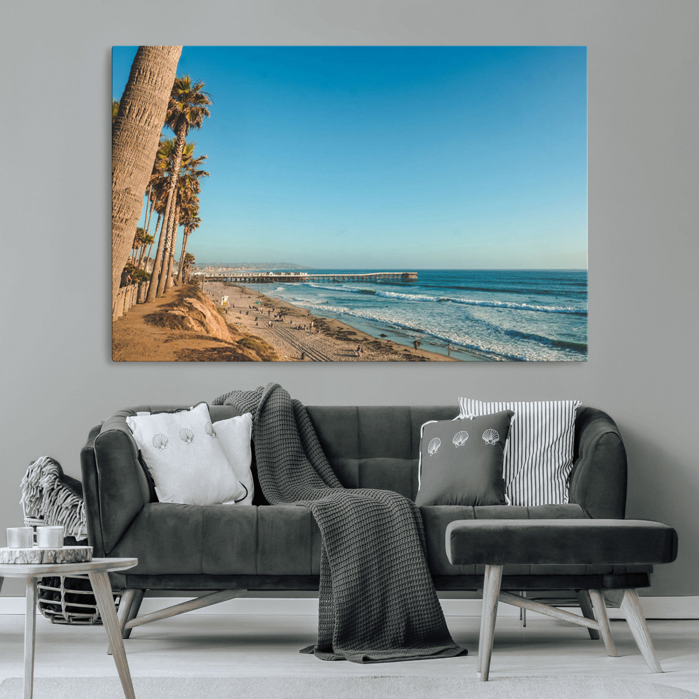 MGV-CV-36X24 - Scenic Beach with Tall Palm Trees, Sandy Shore, and Long Pier Stretching into the Calm Ocean Under