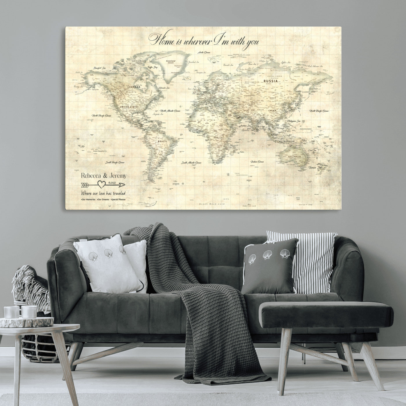 MGV-CV-36X24 - Personalized World Map Wall Art Canvas Print – Custom Push Pin Travel Map for Couples, Families, or Office Décor