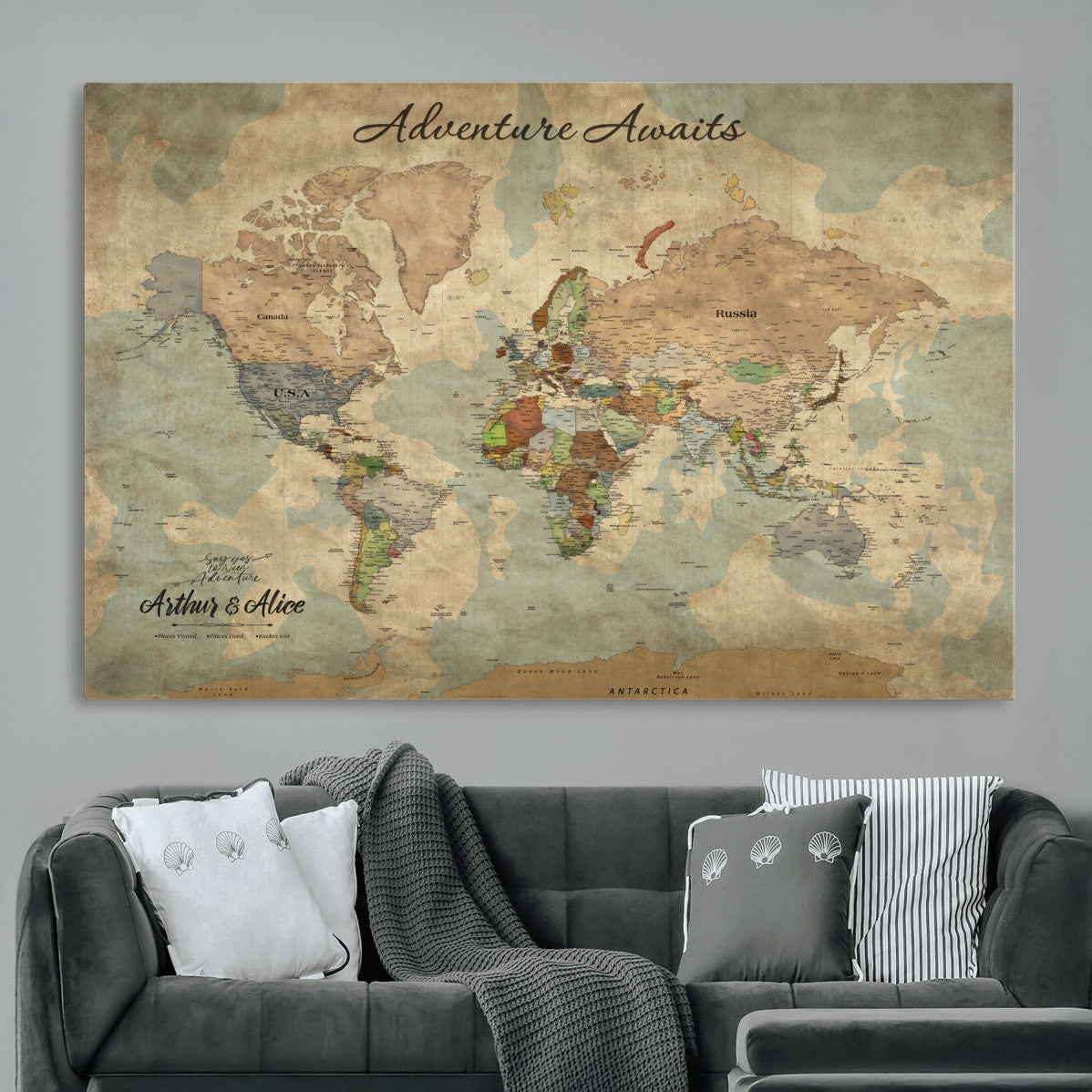MGV-CV-36X24 - Personalized World Map Wall Art Canvas Print – Custom Push Pin Travel Map for Couples, Families, or Office Décor