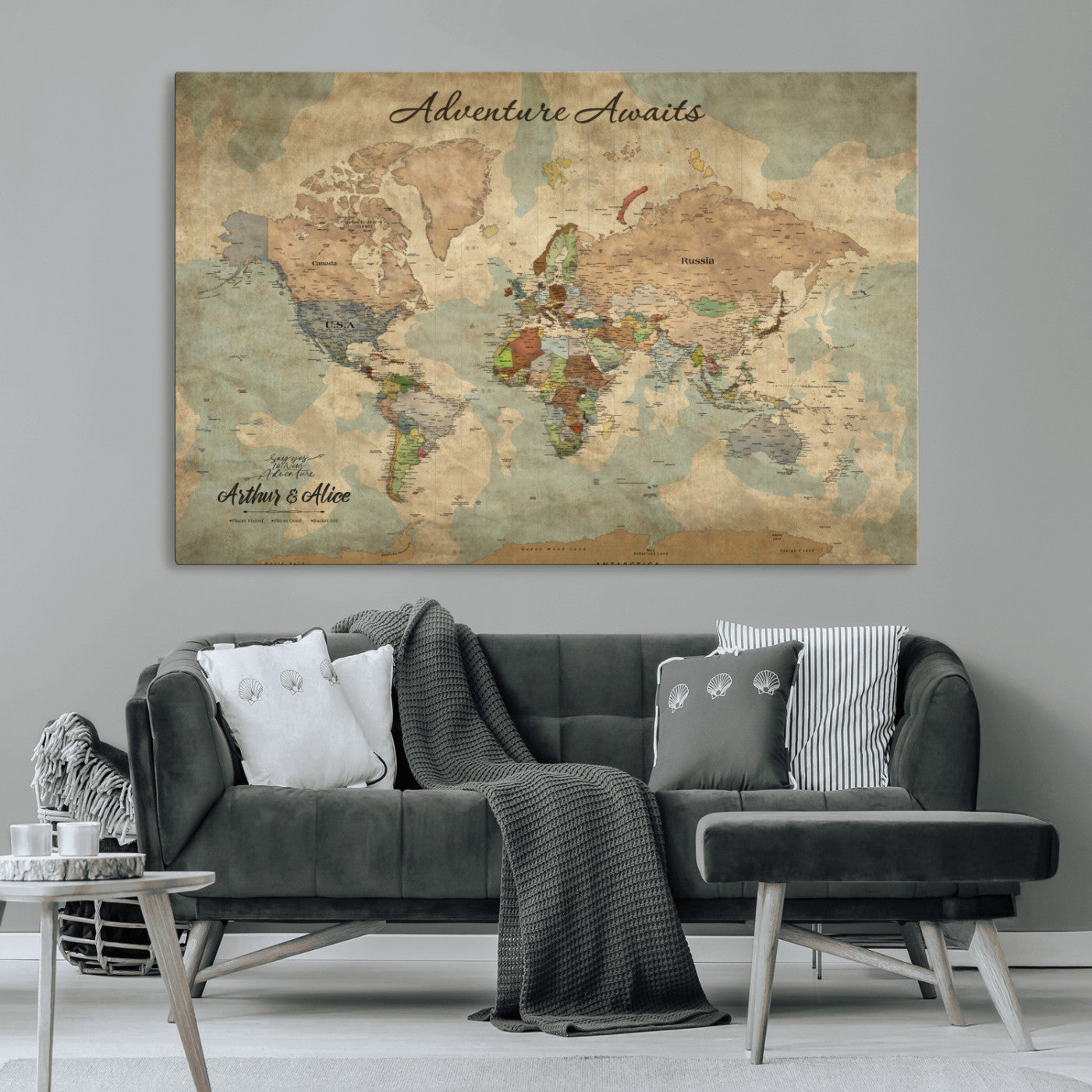 MGV-CV-36X24 - Personalized World Map Wall Art Canvas Print – Custom Push Pin Travel Map for Couples, Families, or Office Décor