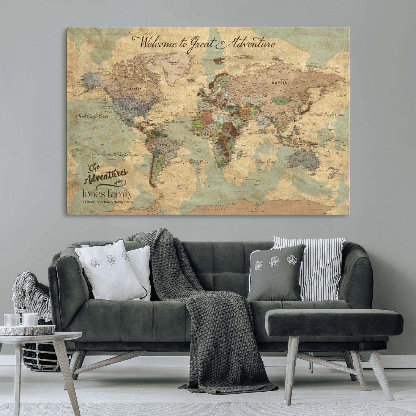 MGV-CV-36X24 - Personalized World Map Wall Art Canvas Print – Custom Push Pin Travel Map for Couples, Families, or Office Décor