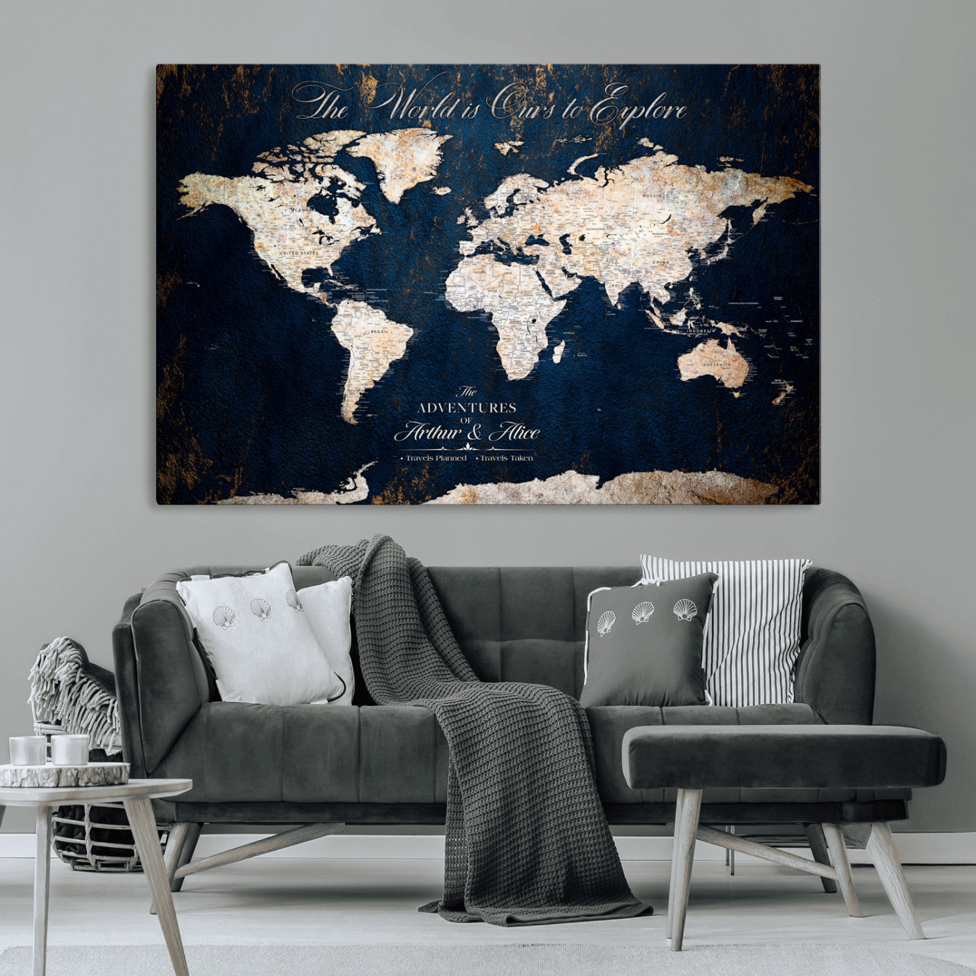 MGV-CV-36X24 - Personalized World Map Wall Art Canvas Print – Custom Push Pin Travel Map for Couples, Families, or Office Décor