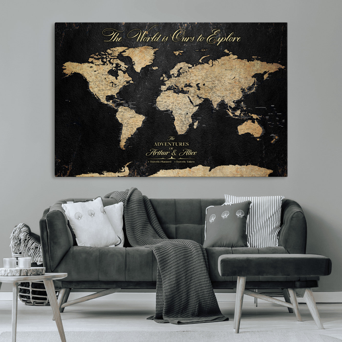 MGV-CV-36X24 - Personalized World Map Wall Art Canvas Print – Custom Push Pin Travel Map for Couples, Families, or Office Décor