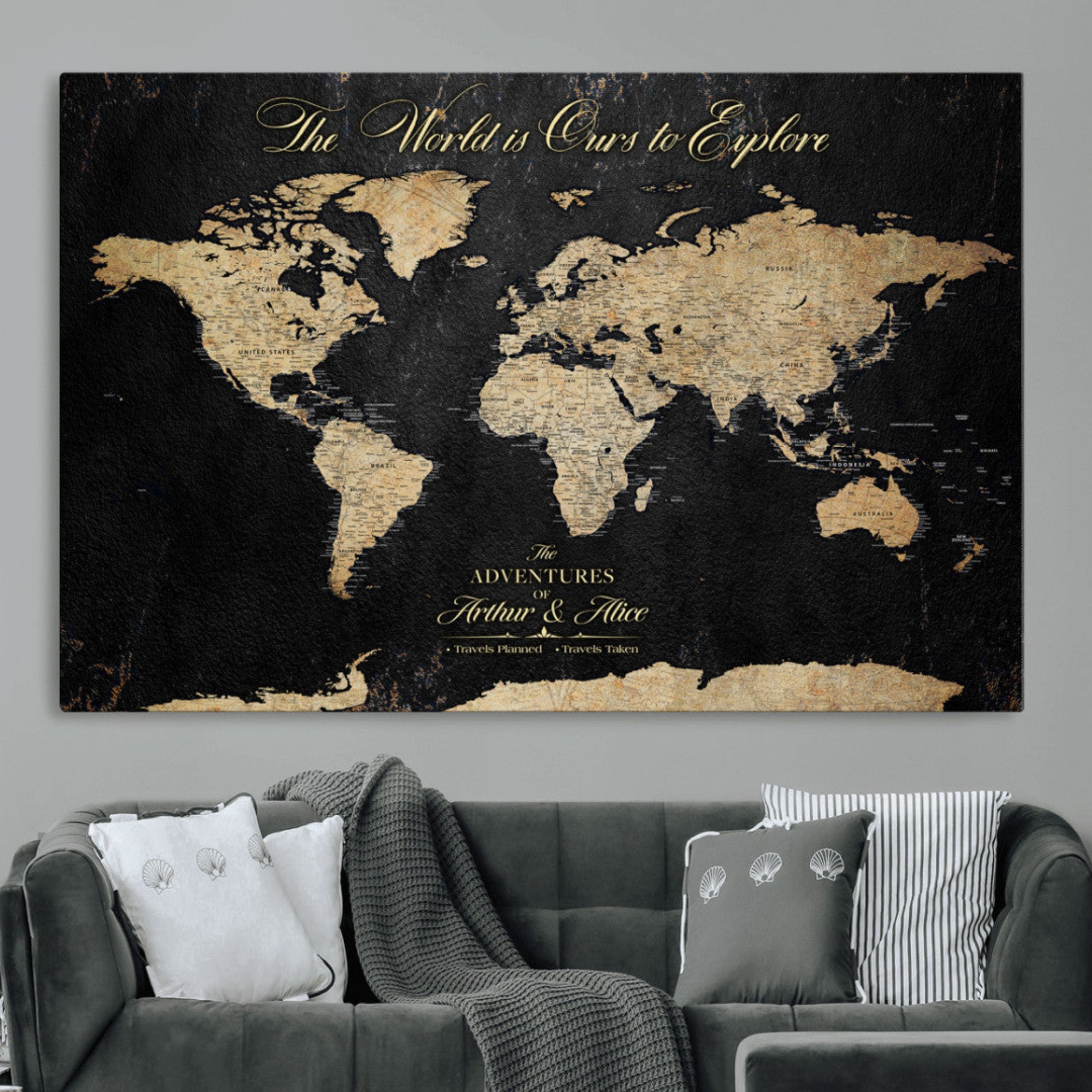 MGV-CV-36X24 - Personalized World Map Wall Art Canvas Print – Custom Push Pin Travel Map for Couples, Families, or Office Décor
