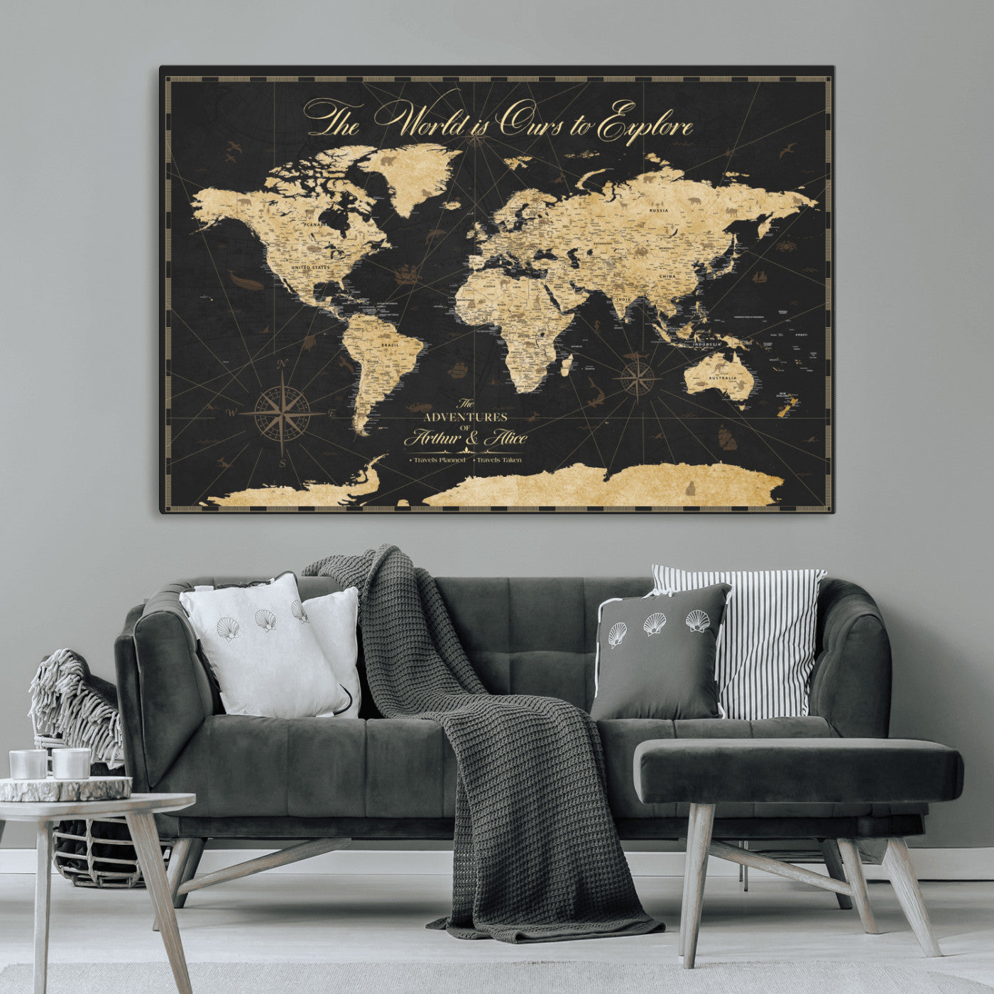 MGV-CV-36X24 - Personalized World Map Wall Art Canvas Print – Custom Push Pin Travel Map for Couples, Families, or Office Décor