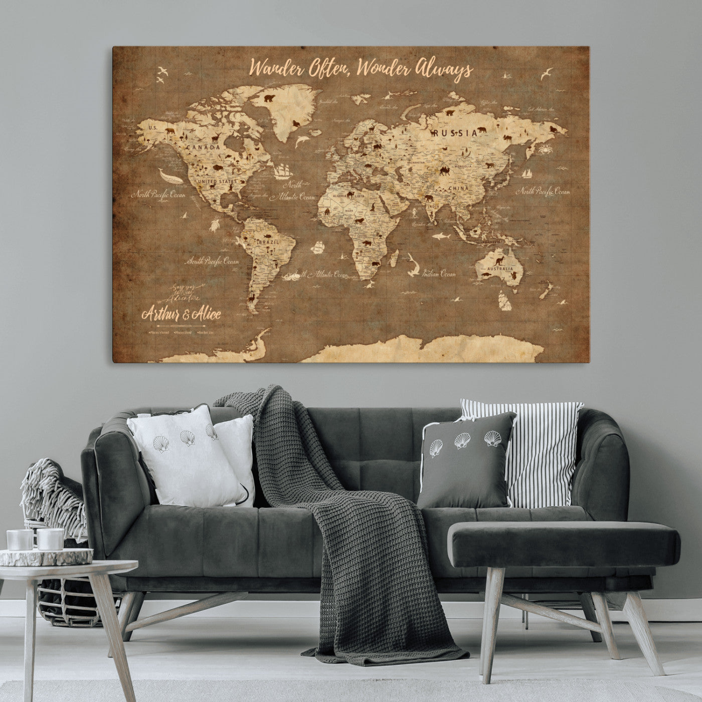 MGV-CV-36X24 - Personalized World Map Wall Art Canvas Print – Custom Push Pin Travel Map for Couples, Families, or Office Décor
