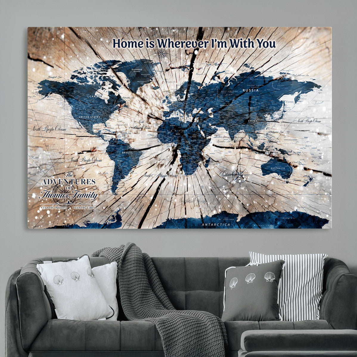 35694194-MGV-CV-36X24 - Personalized World Map Wall Art Canvas Print – Custom Push Pin Travel Map for Couples, Families, or Office Decor