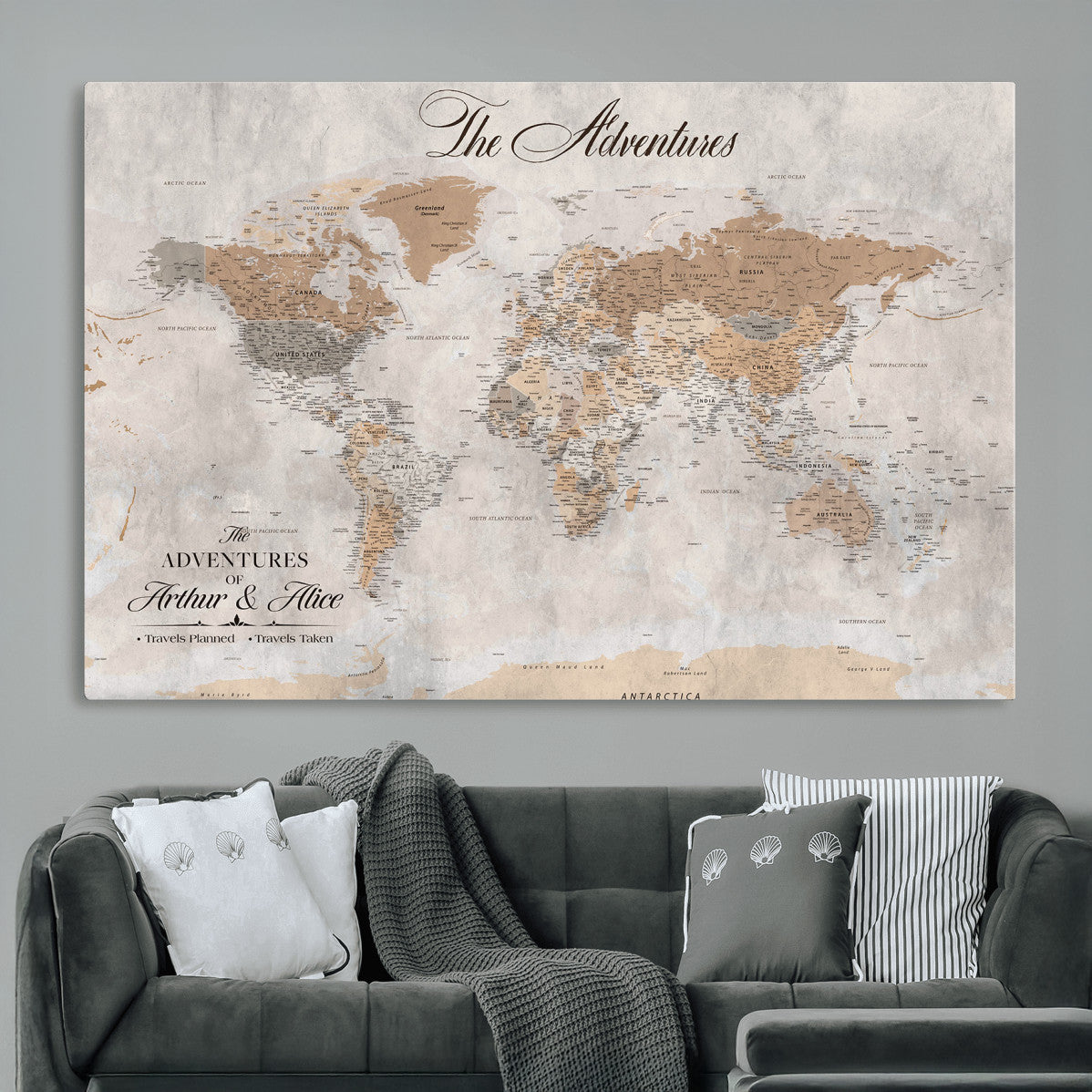 91774967-MGV-CV-36X24 - Personalized Push Pin World Map Canvas Print – Custom Framed Travel Tracker Artwork for Couples or Home Decor