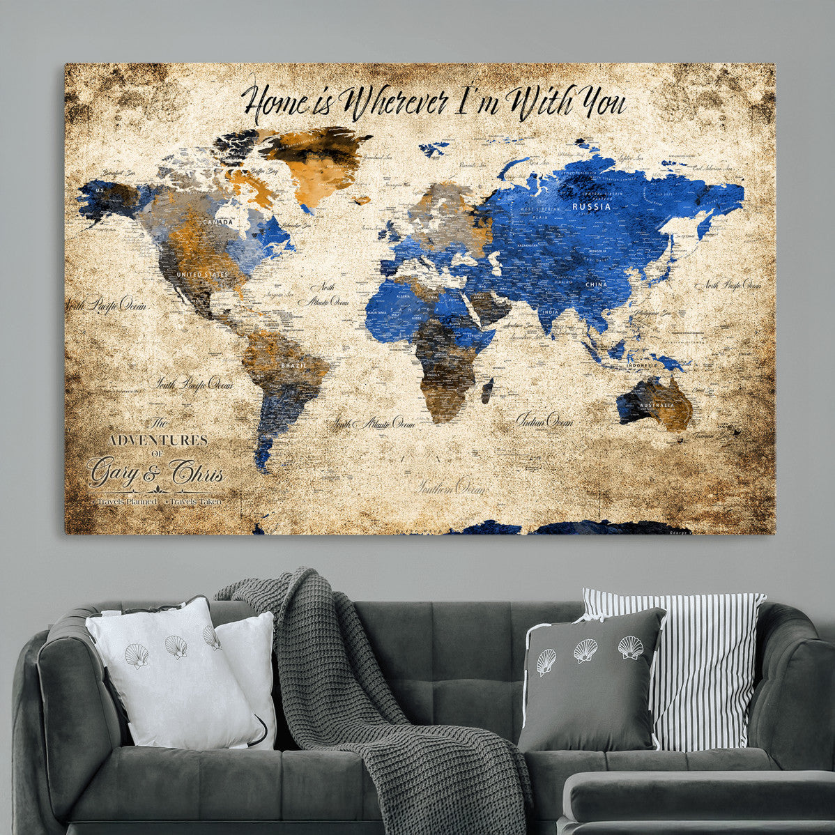 20854758-MGV-CV-36X24 - Personalized Push Pin World Map Canvas Print – Custom Framed Travel Tracker Artwork with Pins for Home and Office Decor