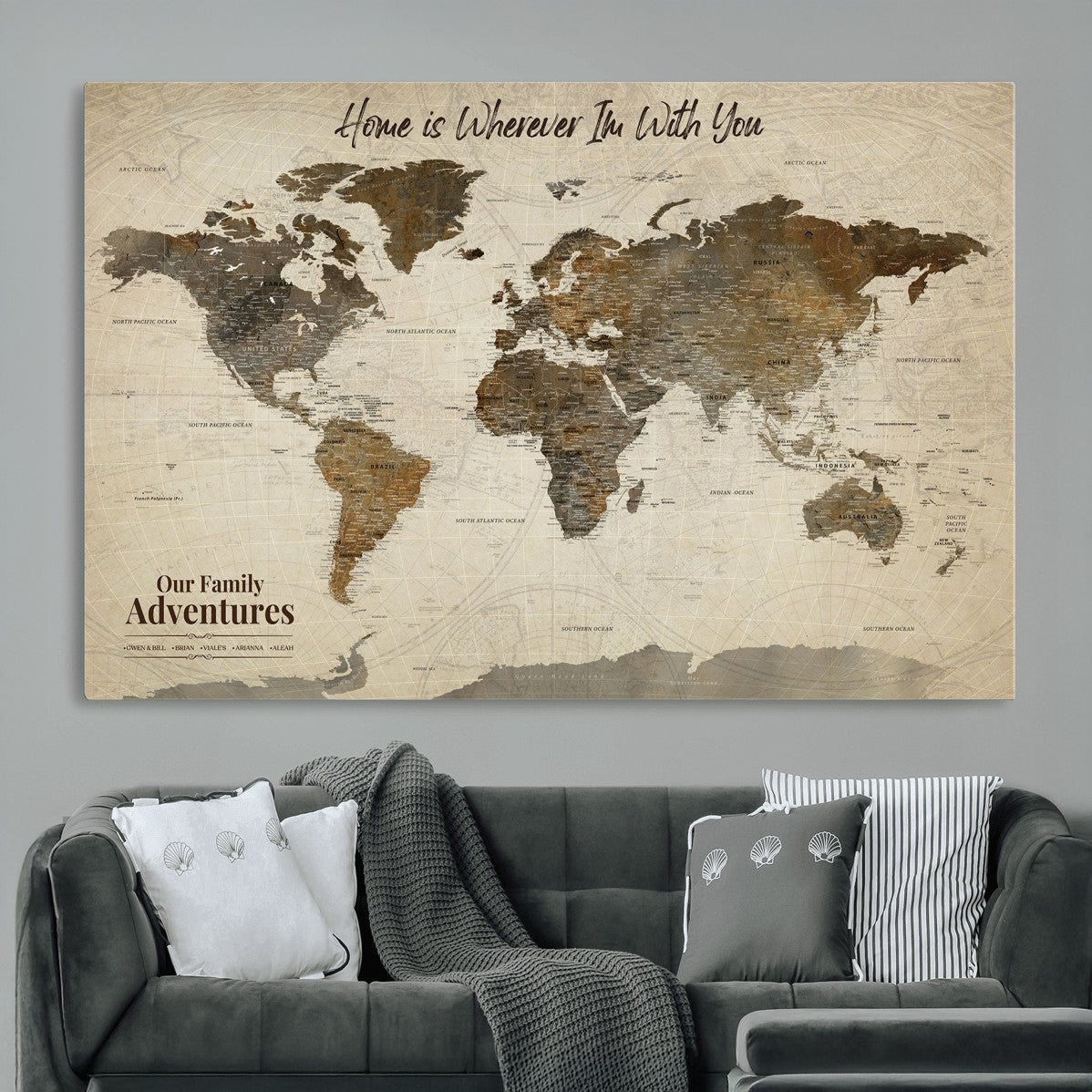 74684563-MGV-CV-36X24 - Custom Push Pin World Map Wall Art Canvas Print – Personalized Travel Tracker with Pins Framed Large for home, office
